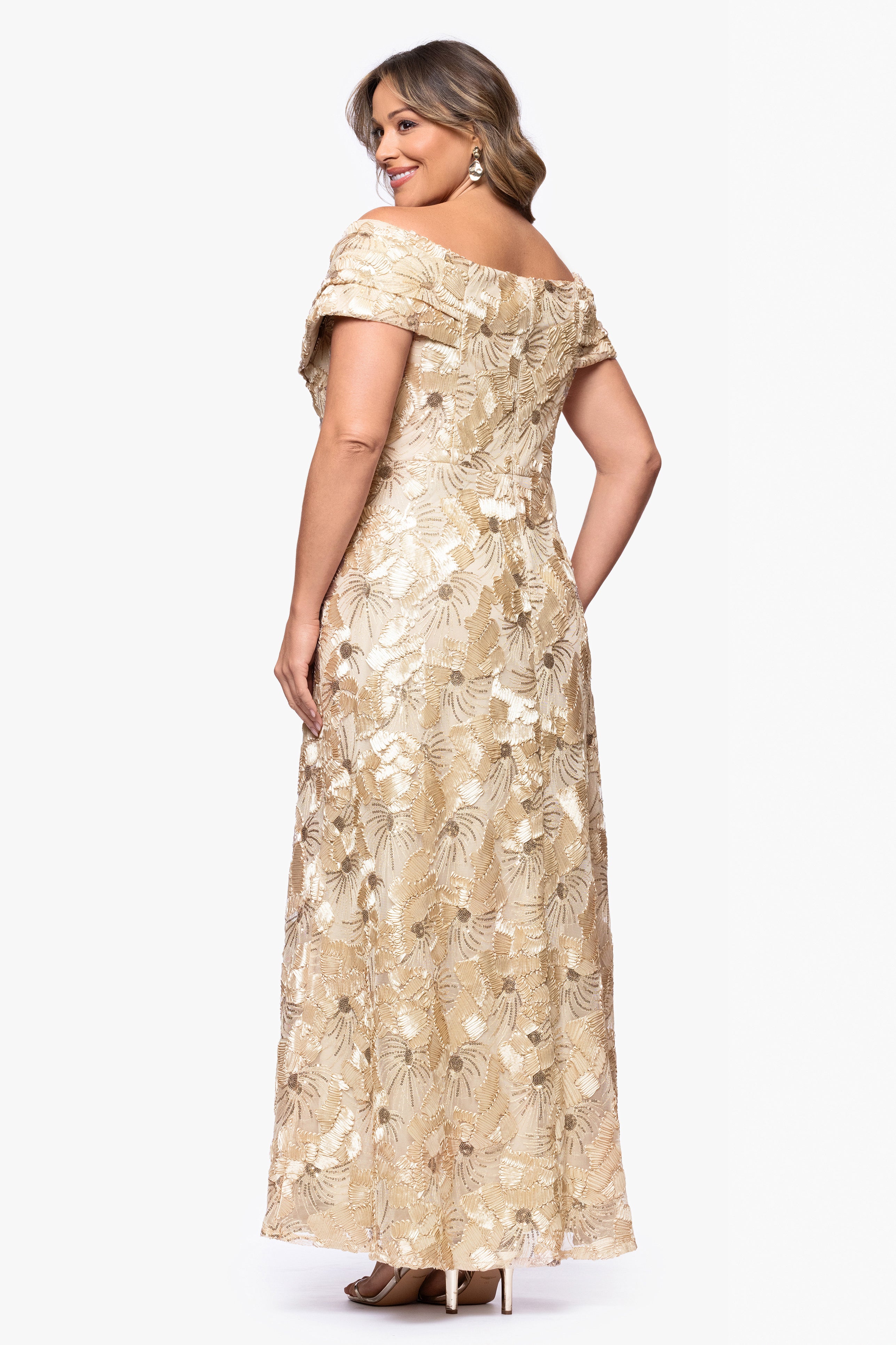 Plus "Teyana" Soutache Sequin Off the Shoulder Floor Length Dress