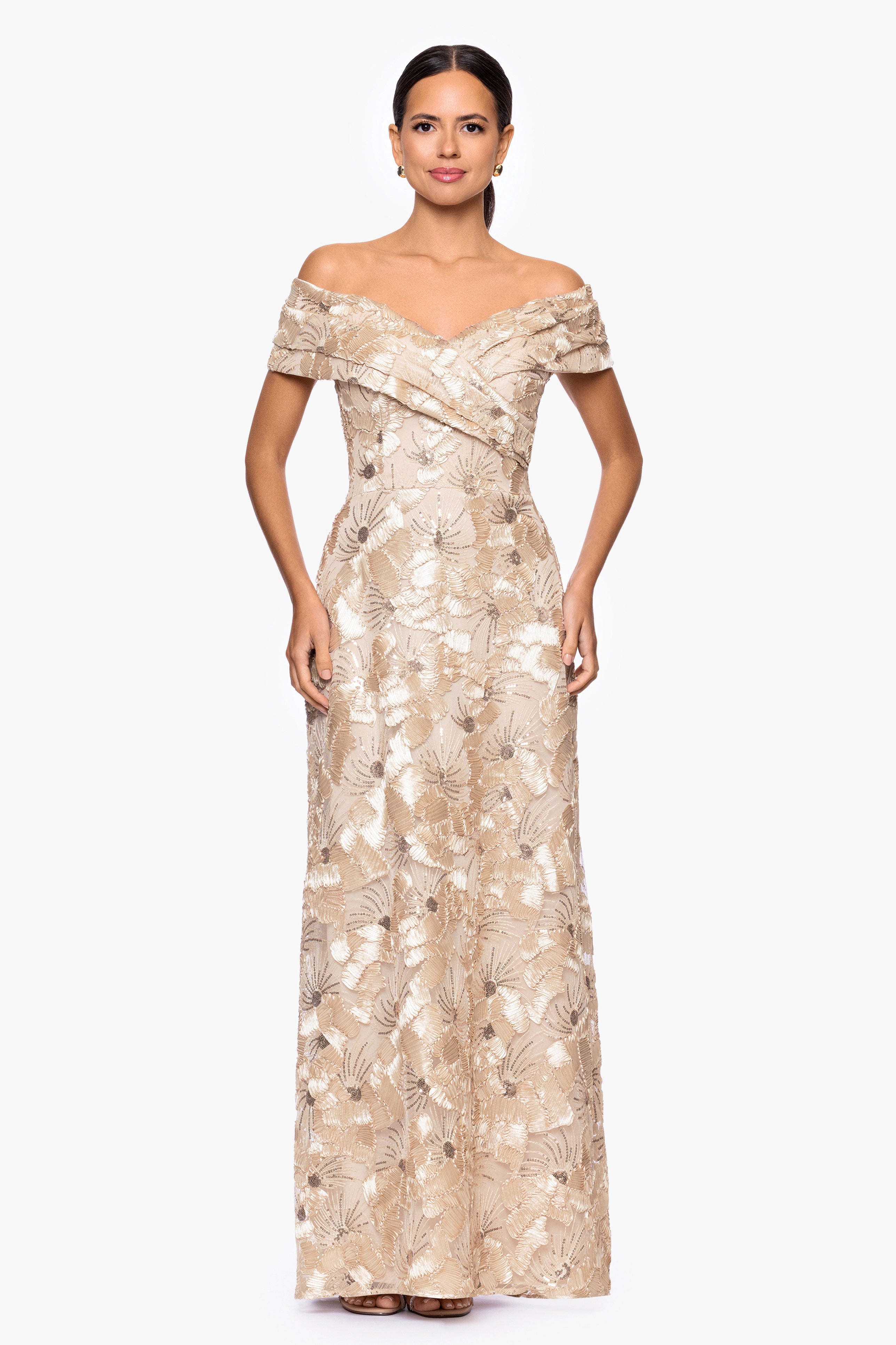 Petite "Teyana" Soutache Sequin Off the Shoulder Floor Length Dress