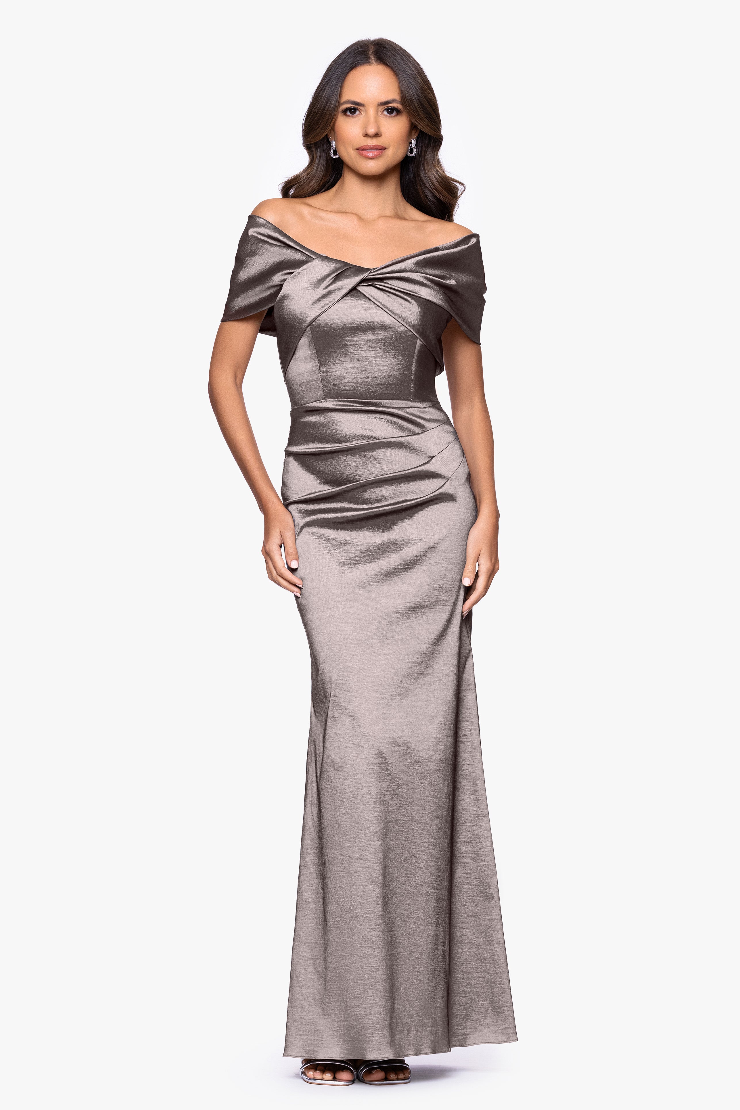 Betsy & Adam Women's Off-The-Shoulder Ruched Long Gown - Mocha - 12 Betsy & Adam Women's Off-The-Shoulder Ruched Long Gown - Mocha - 12