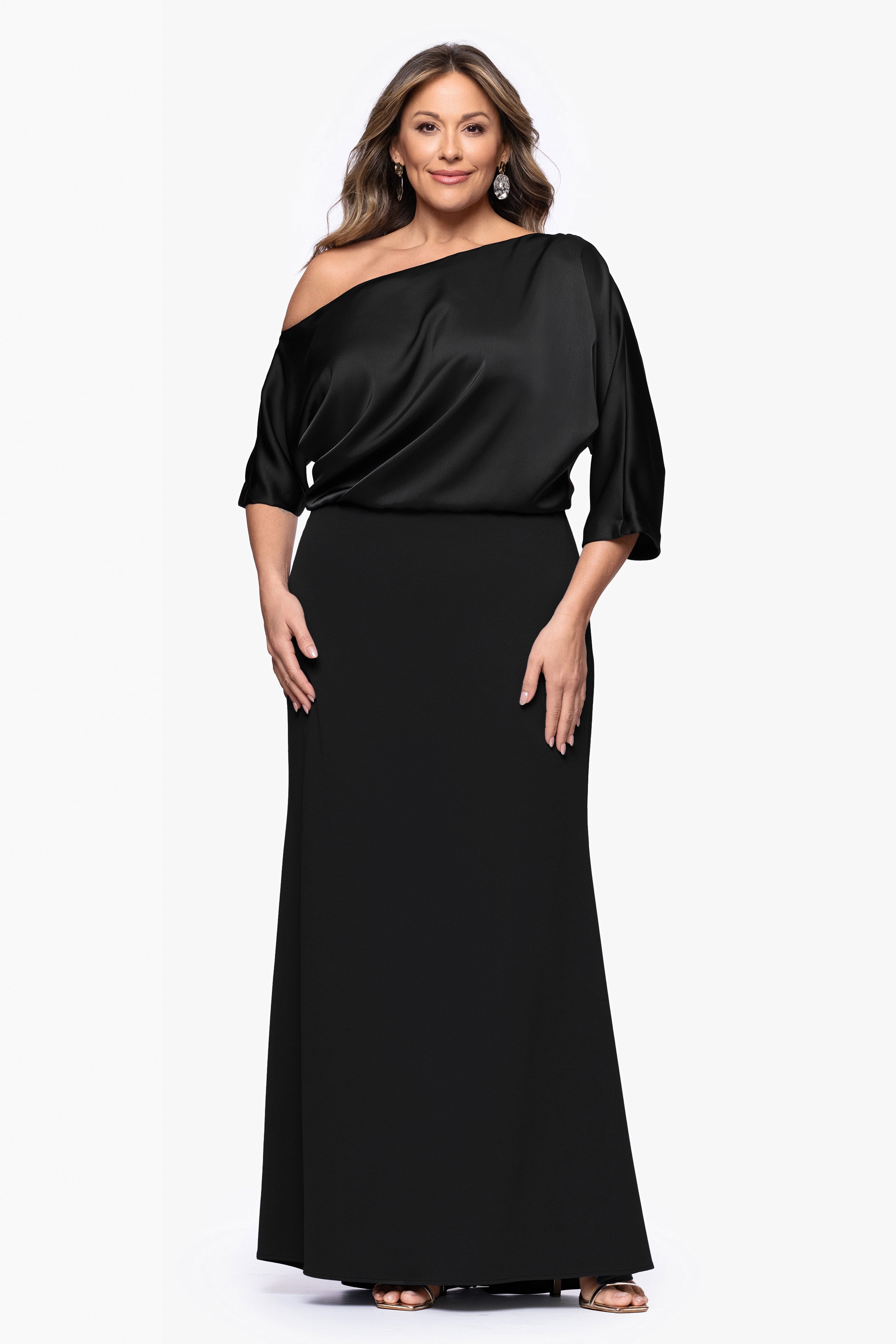 Plus "Ana" Scuba Crepe & Satin Drop Shoulder Dress
