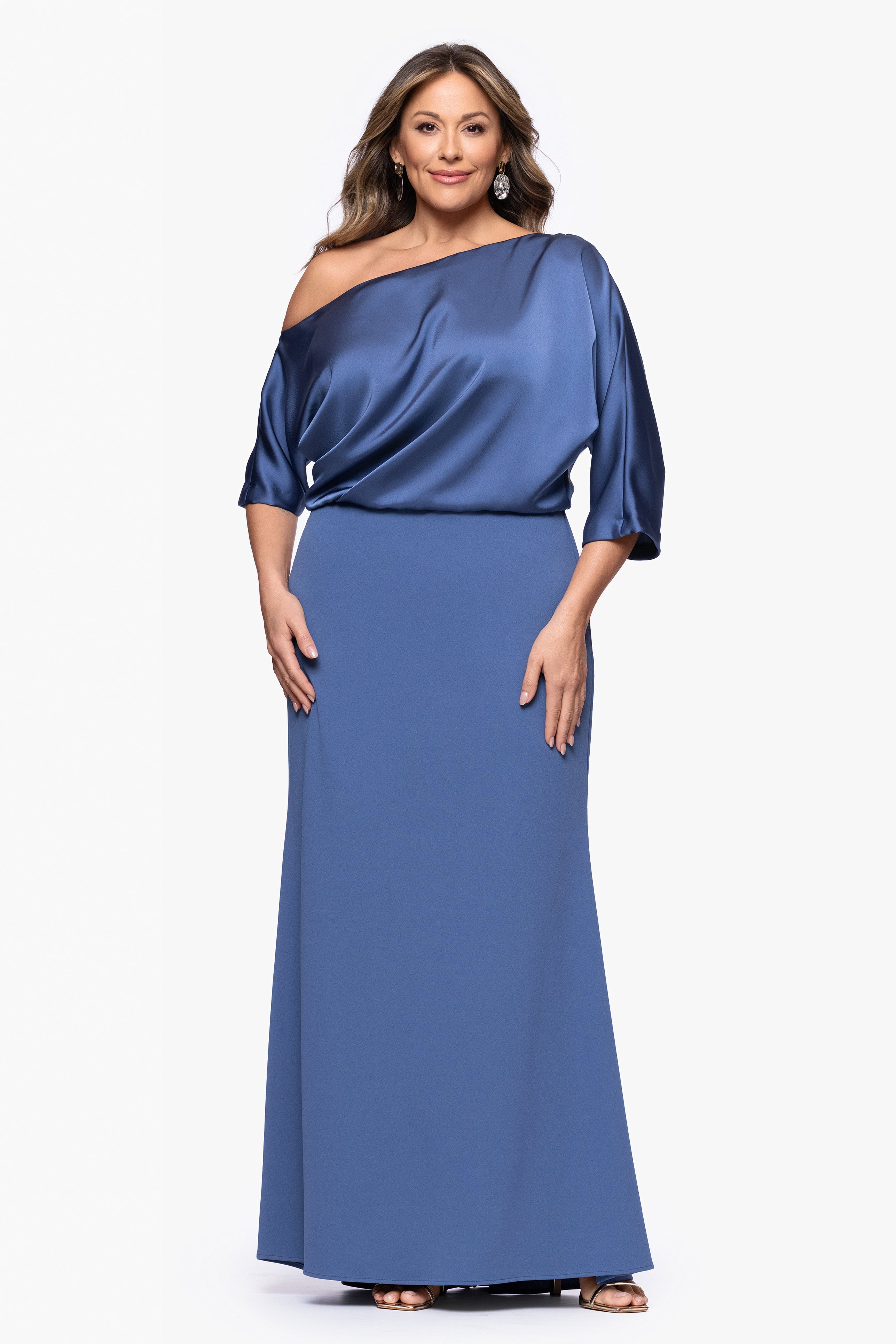 Plus "Ana" Scuba Crepe Satin Drop Shoulder Floor Length Dress