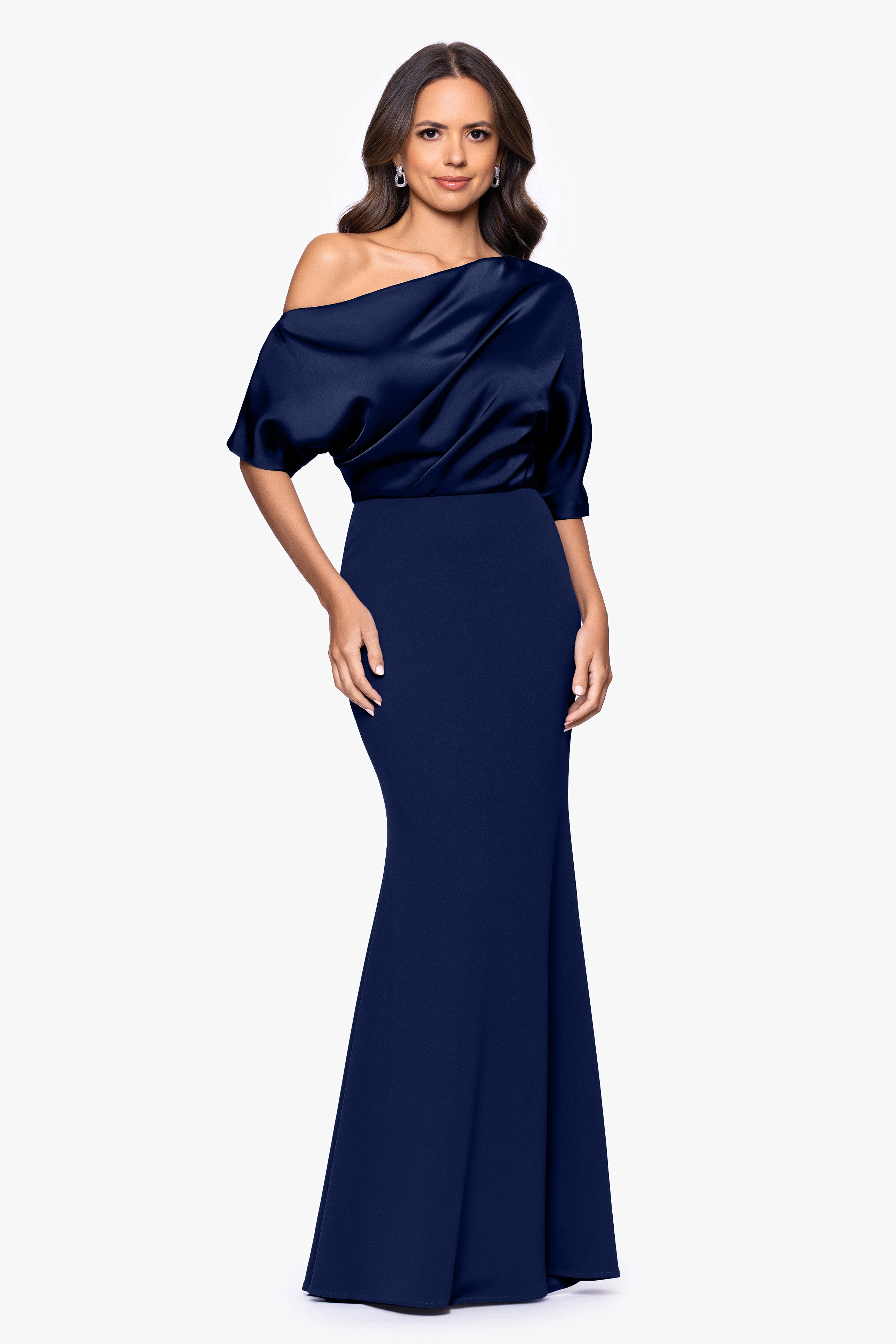 "Ana" Scuba Crepe Satin Drop Shoulder Floor Length Dress