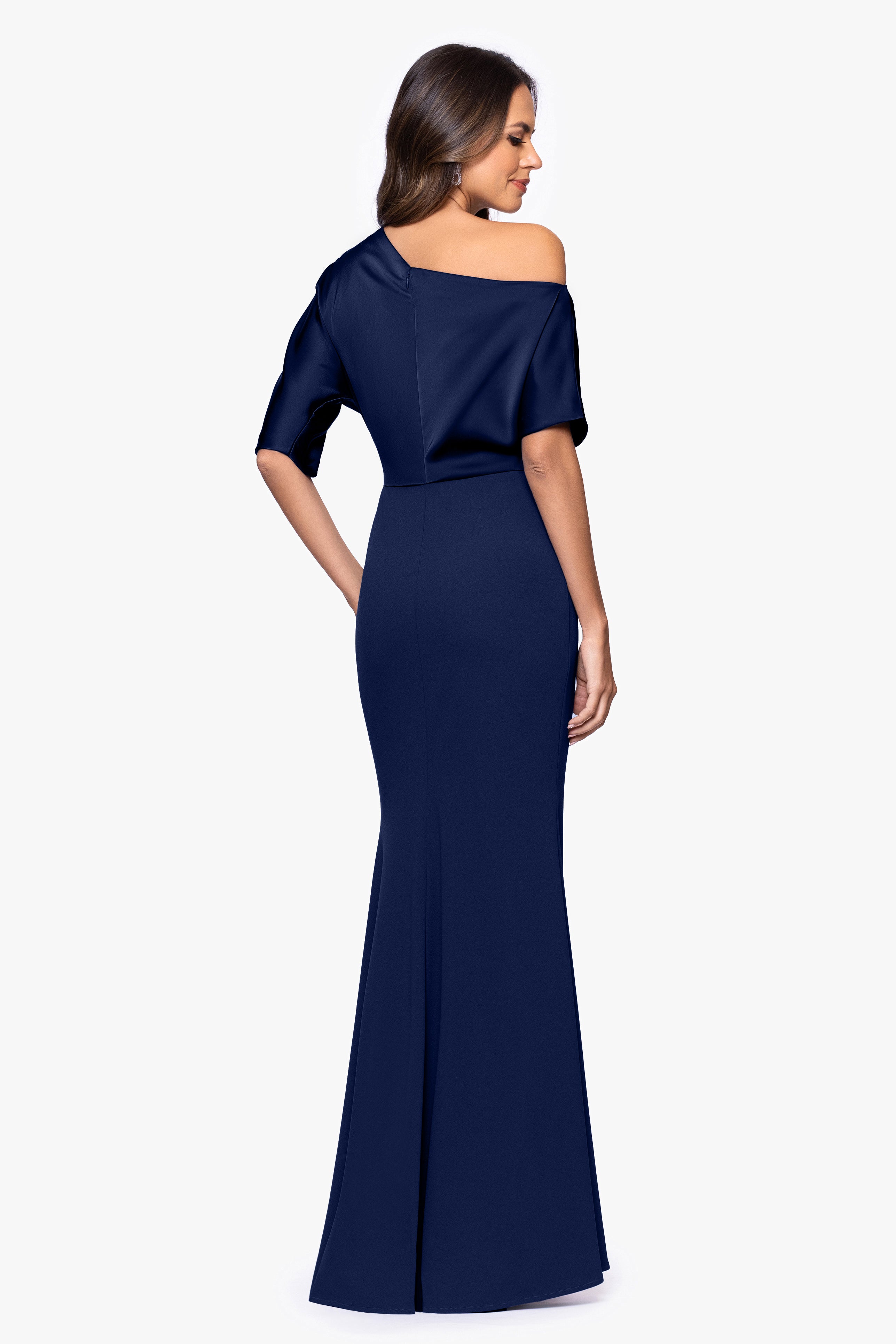 "Ana" Scuba Crepe Satin Drop Shoulder Floor Length Dress