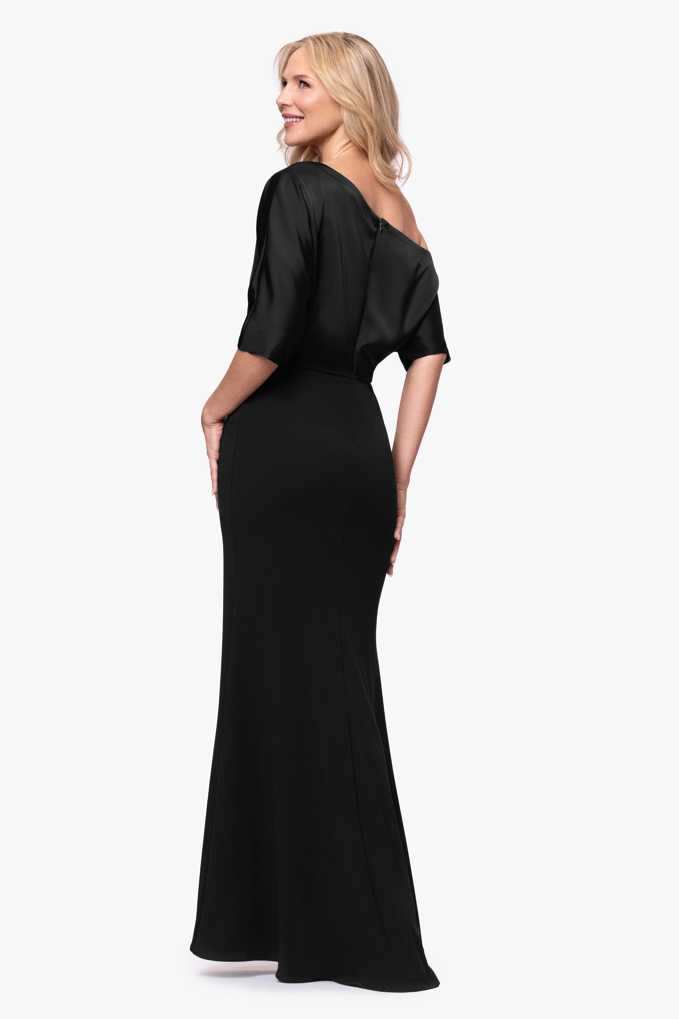 "Ana" Scuba Crepe Satin Drop Shoulder Floor Length Dress