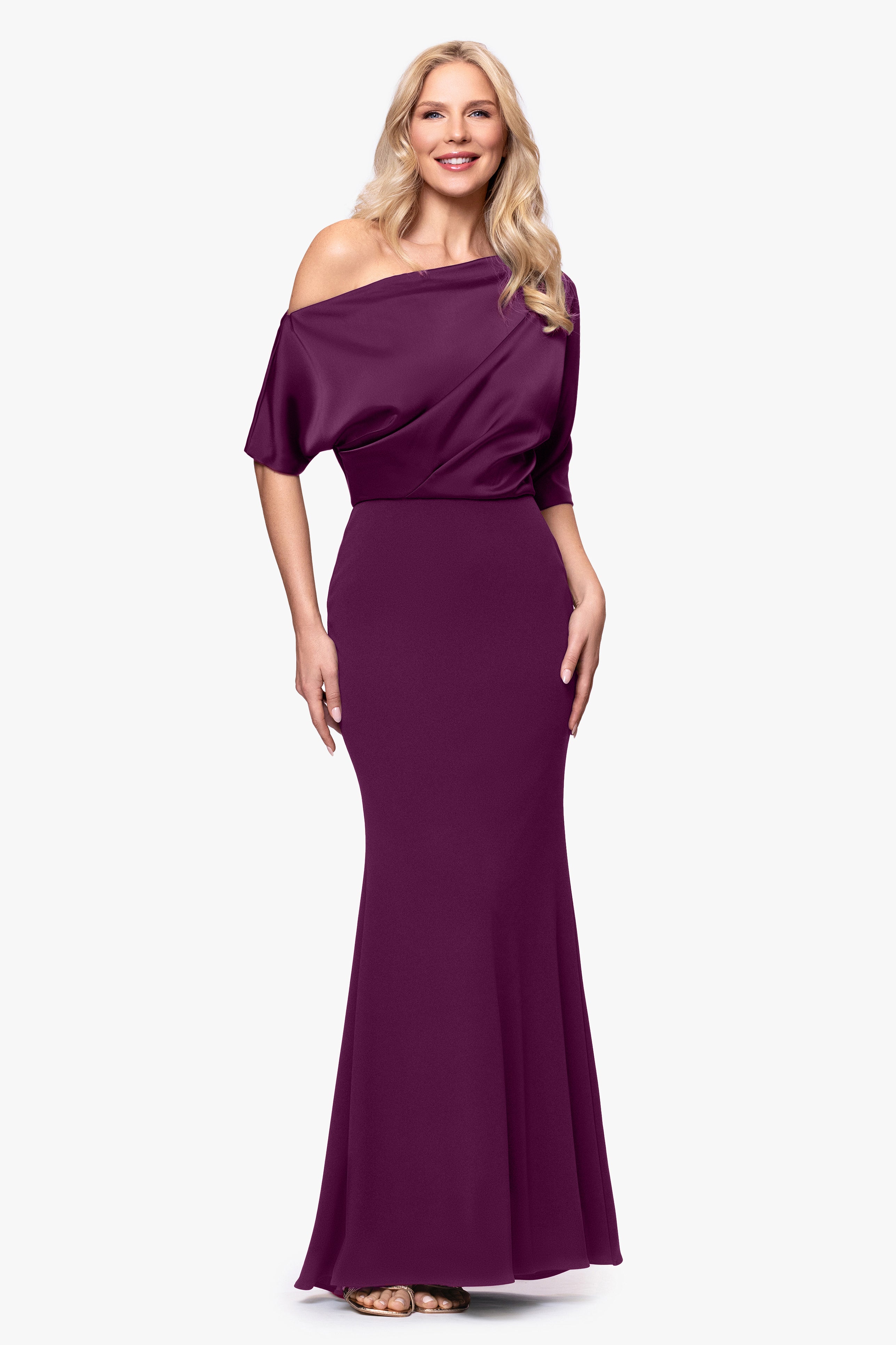 "Ana" Scuba Crepe Satin Drop Shoulder Floor Length Dress
