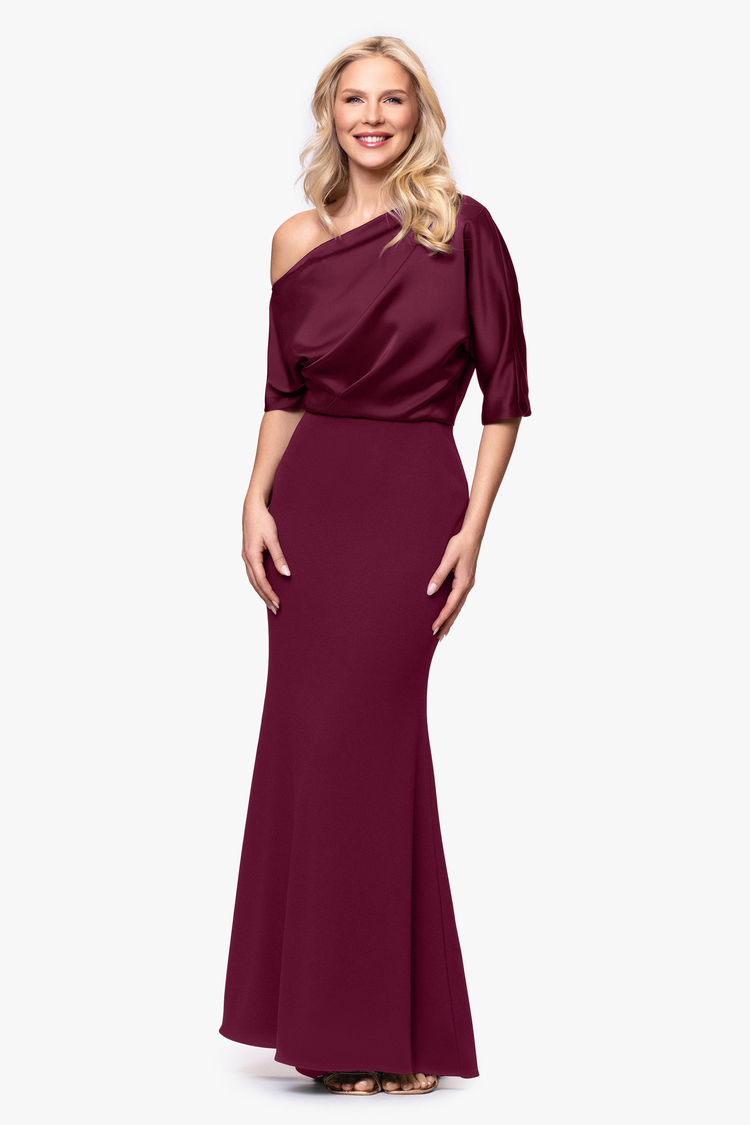 "Ana" Scuba Crepe Satin Drop Shoulder Floor Length Dress