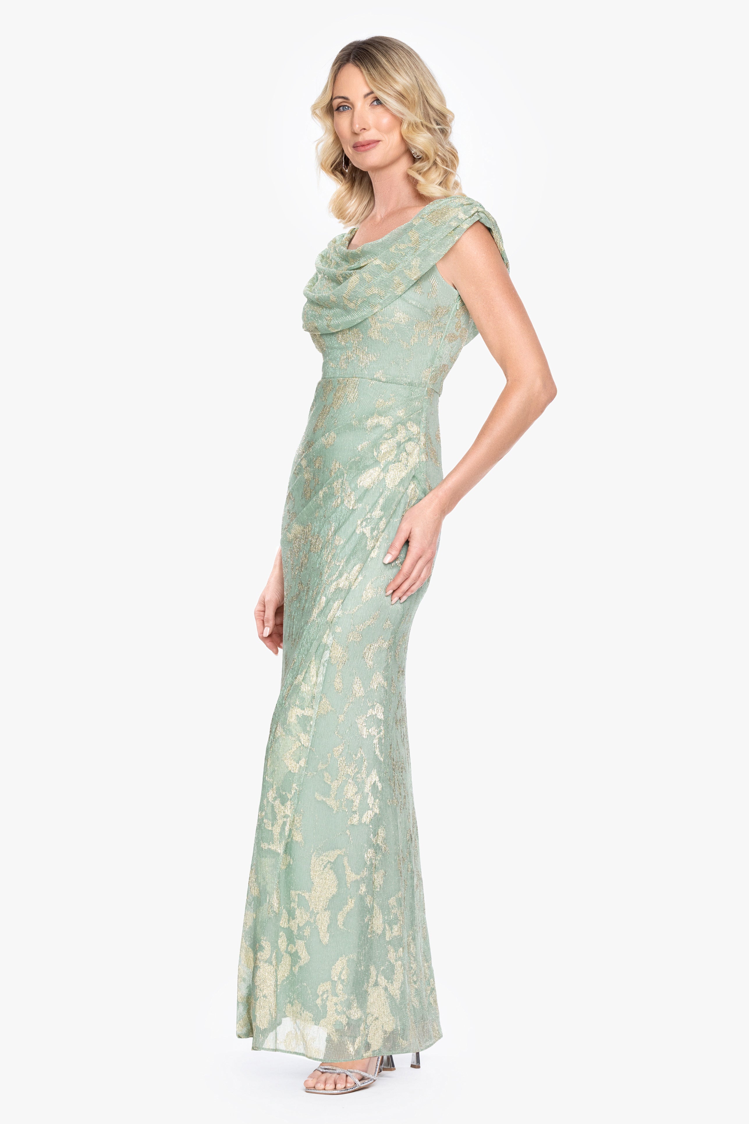 "Vivian" Metallic Drape Neck Dress