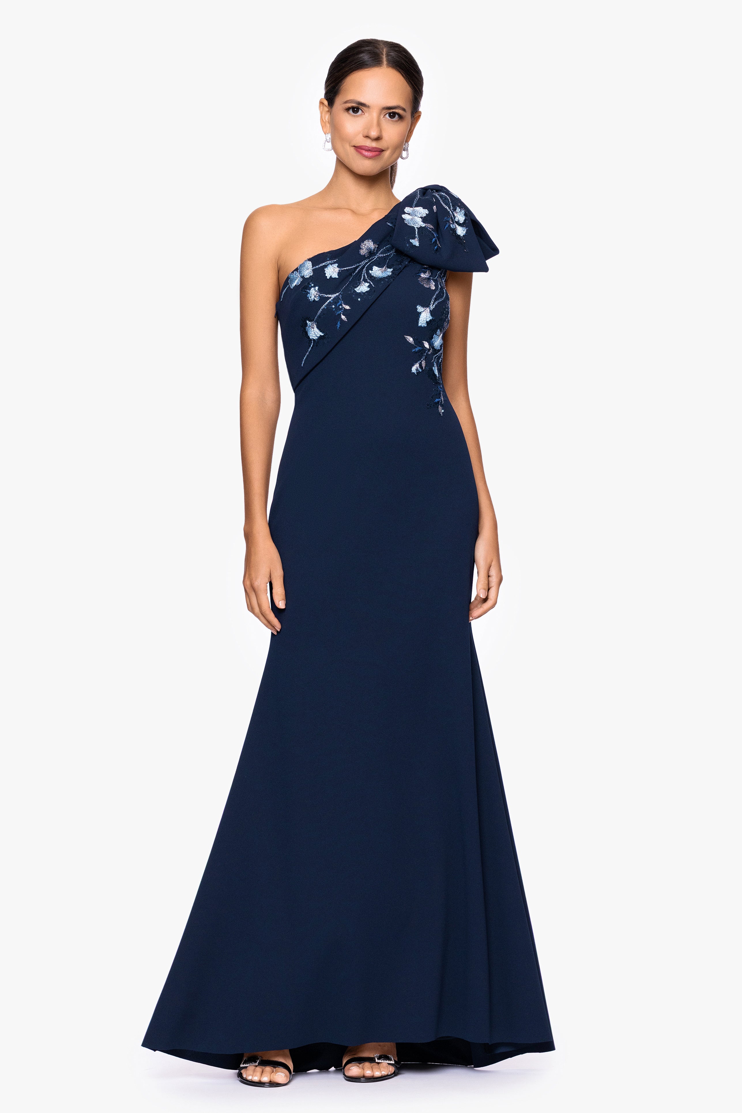 "Corinna" Scuba Crepe Embellished One Shoulder Floor Length Dress