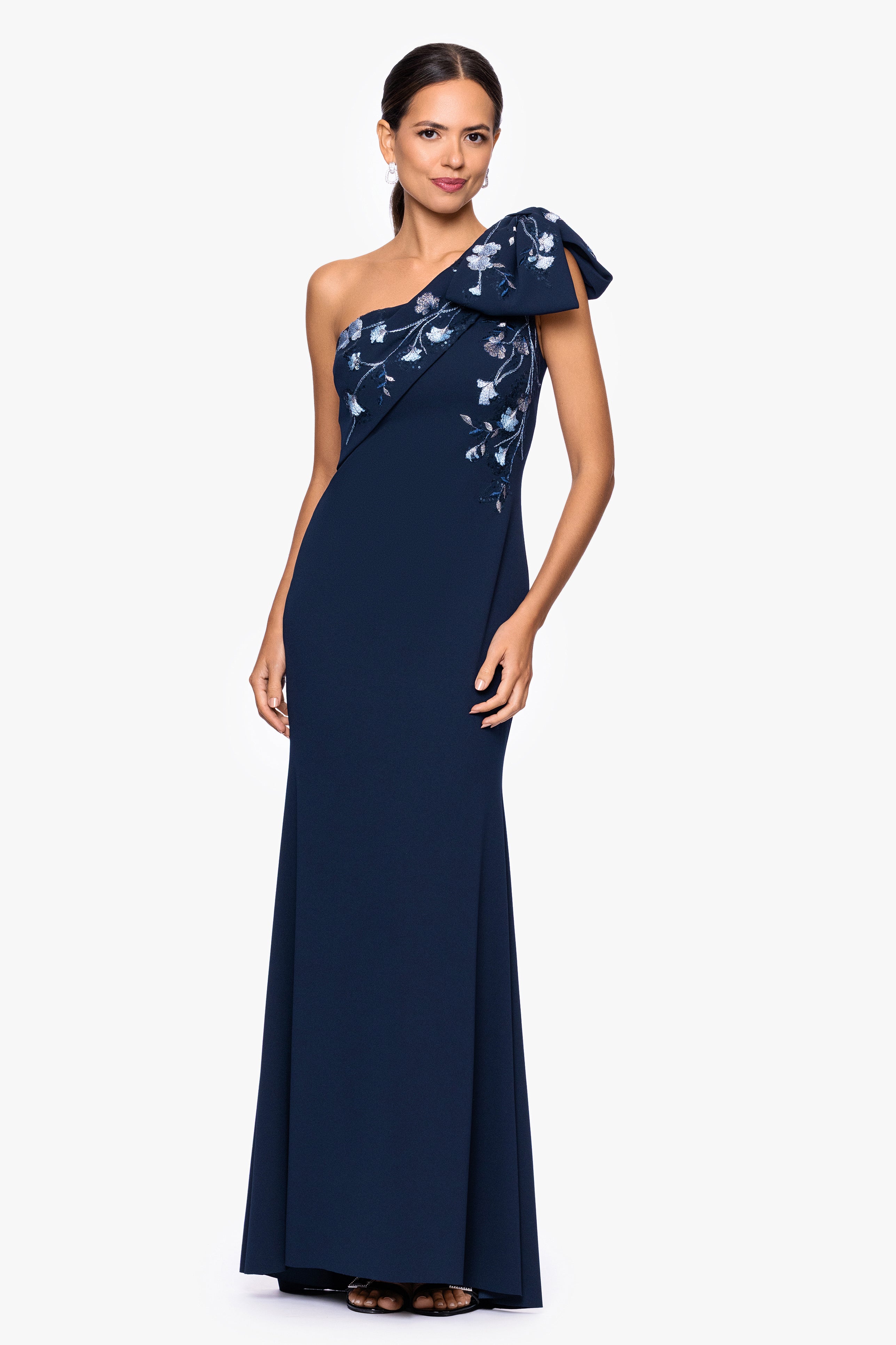 "Corinna" Scuba Crepe Embellished One Shoulder Floor Length Dress