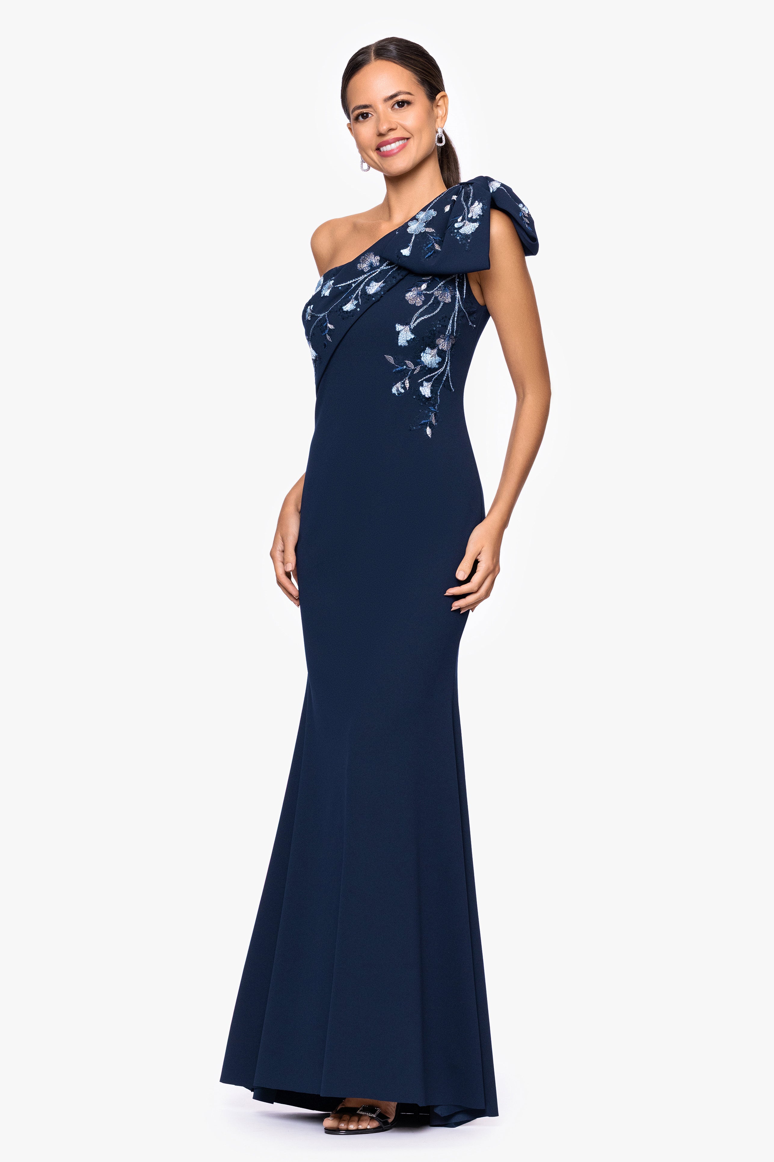 "Corinna" Scuba Crepe Embellished One Shoulder Floor Length Dress