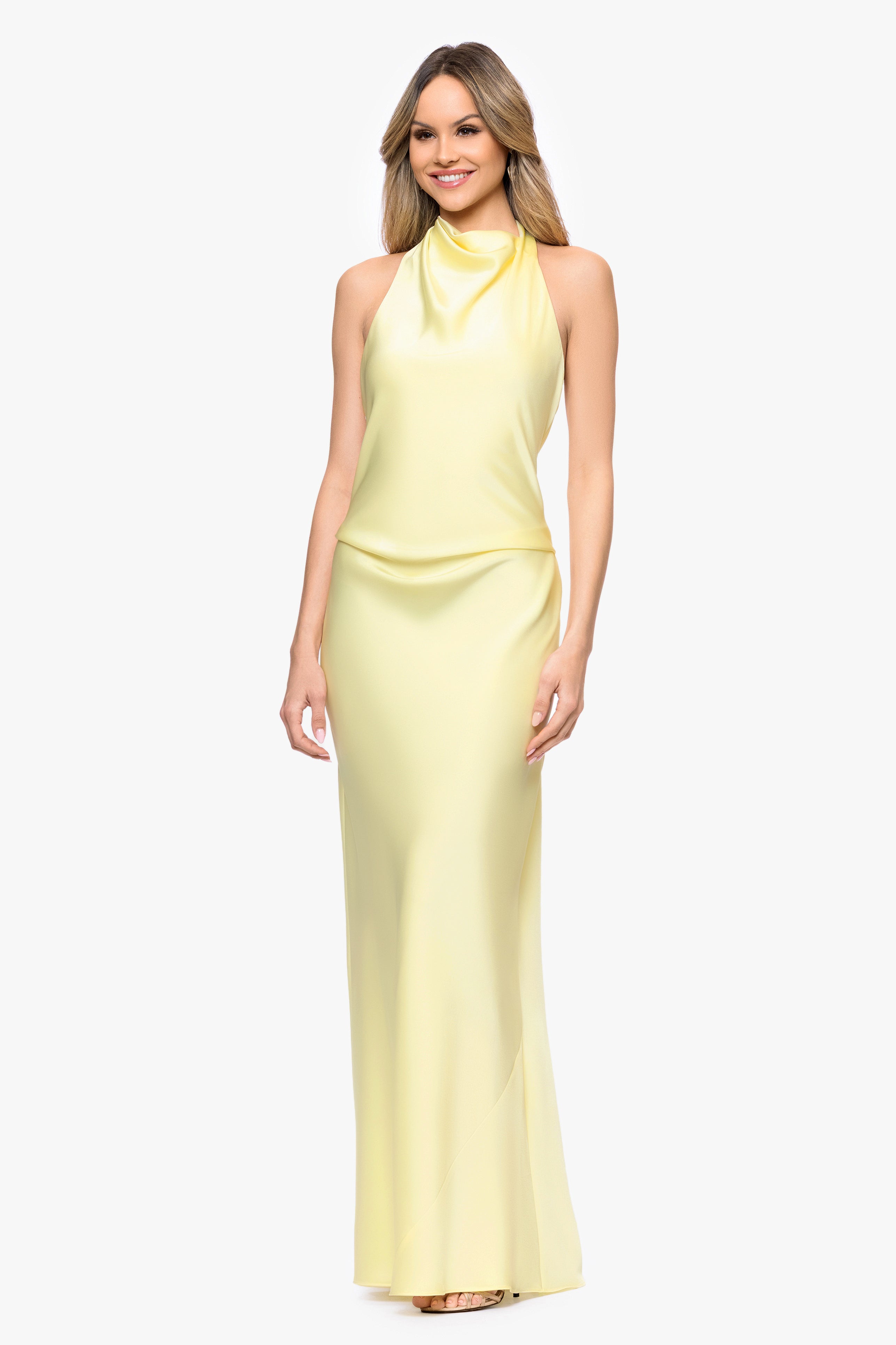 "Amina" Satin Halter Floor Length Dress