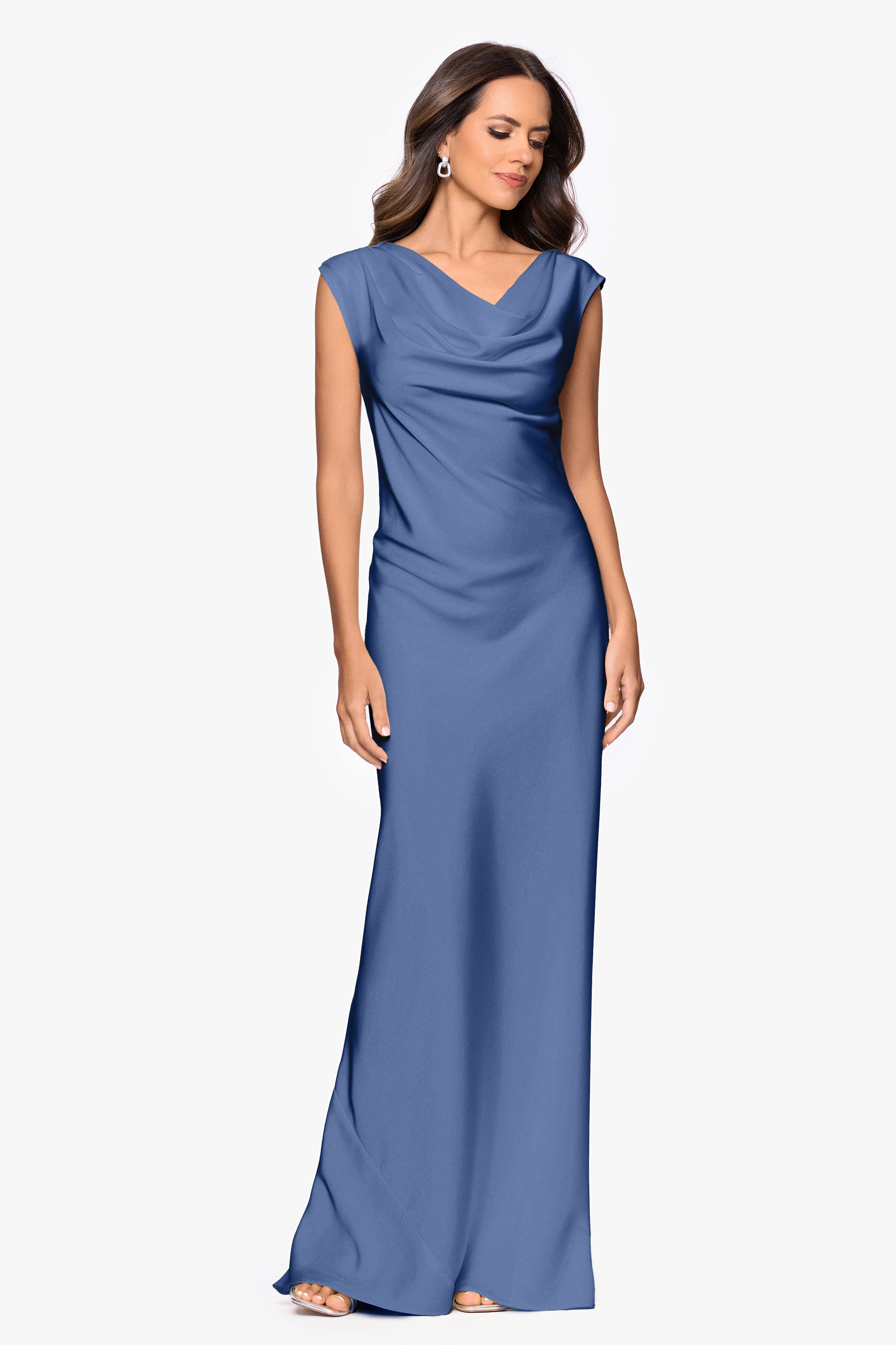 Petite "Amberly" Satin Drape Neck Floor Length Dress