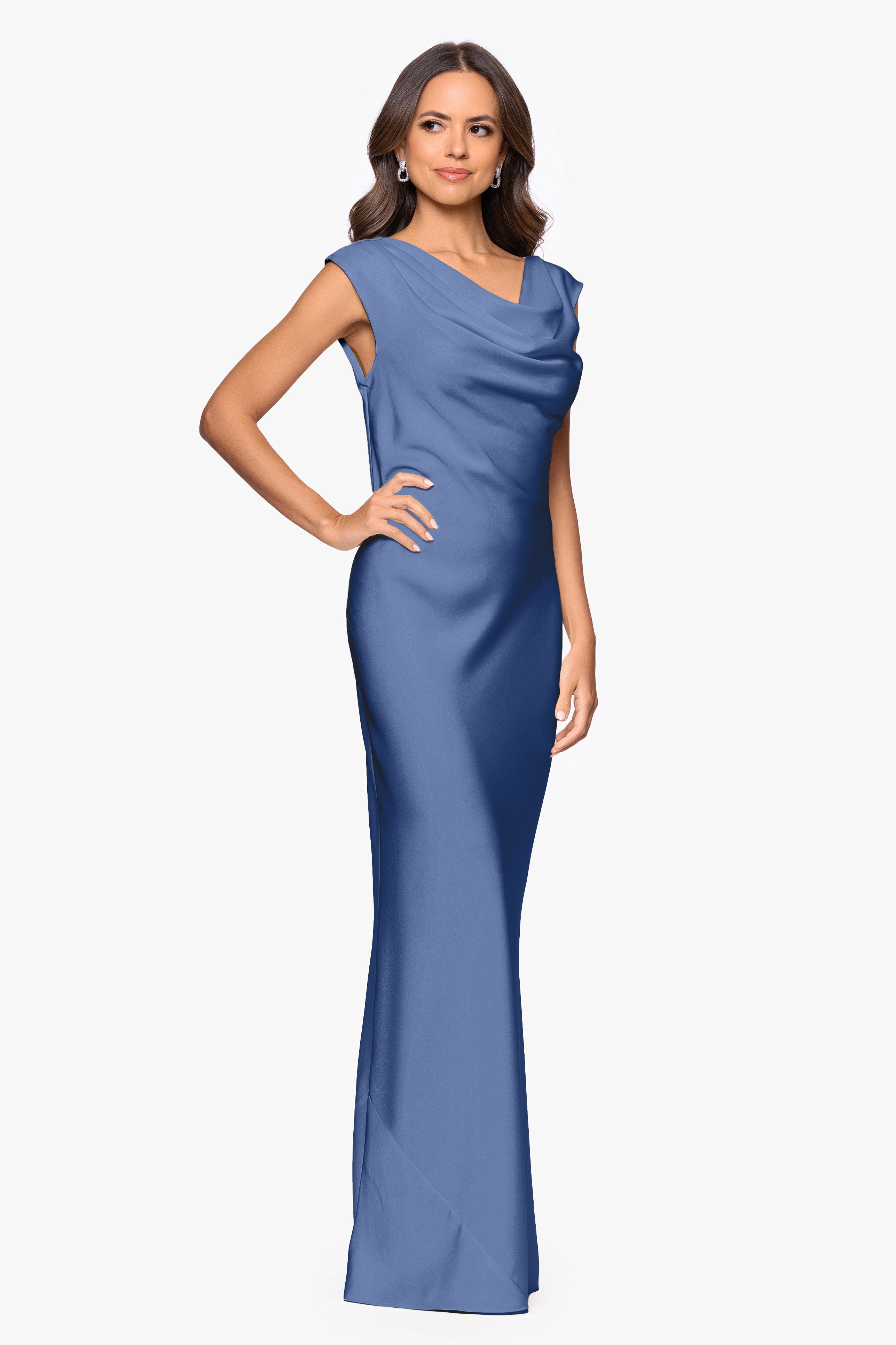 Petite "Amberly" Satin Drape Neck Floor Length Dress