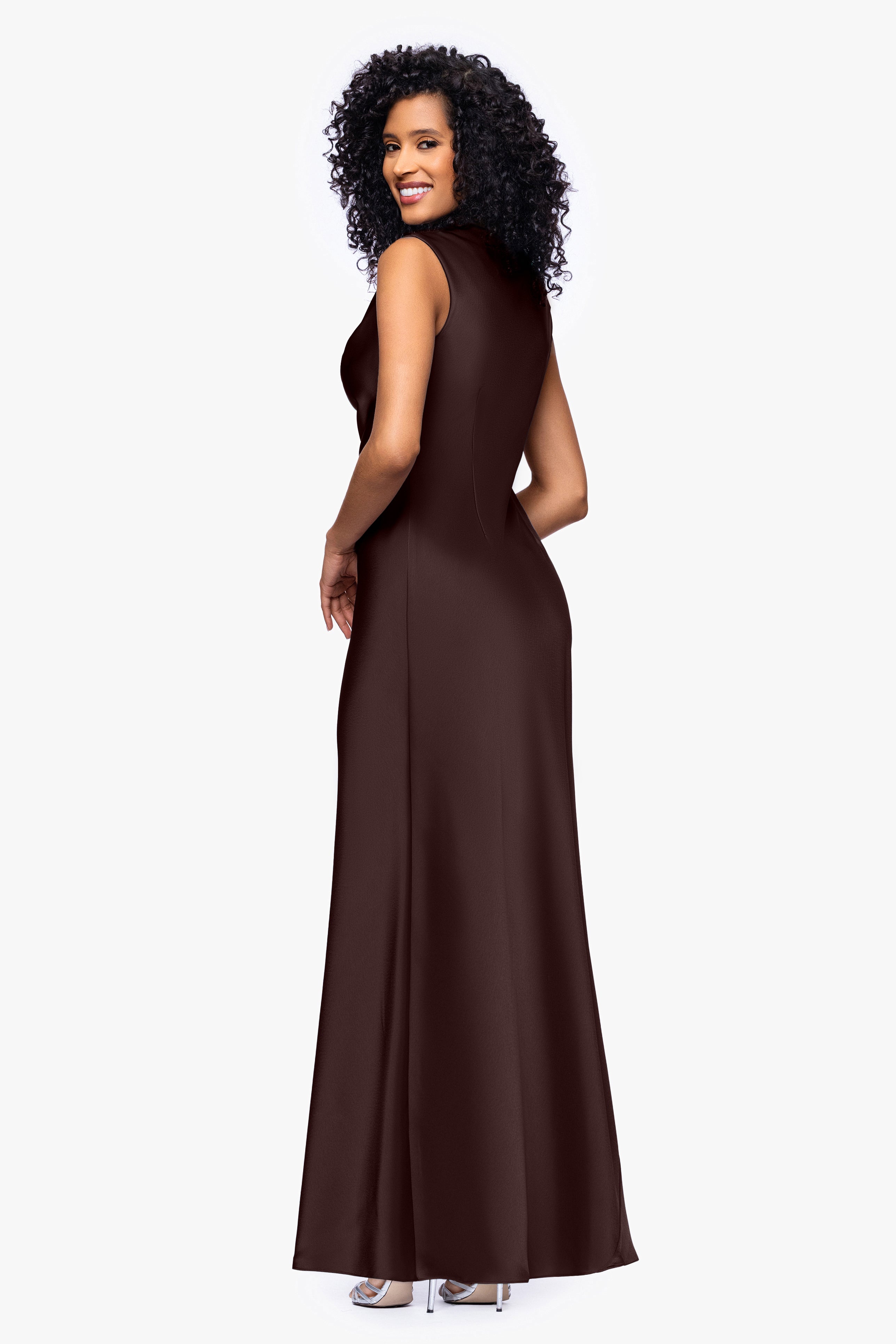 Amberly satin drape neck dress in brown, back view.