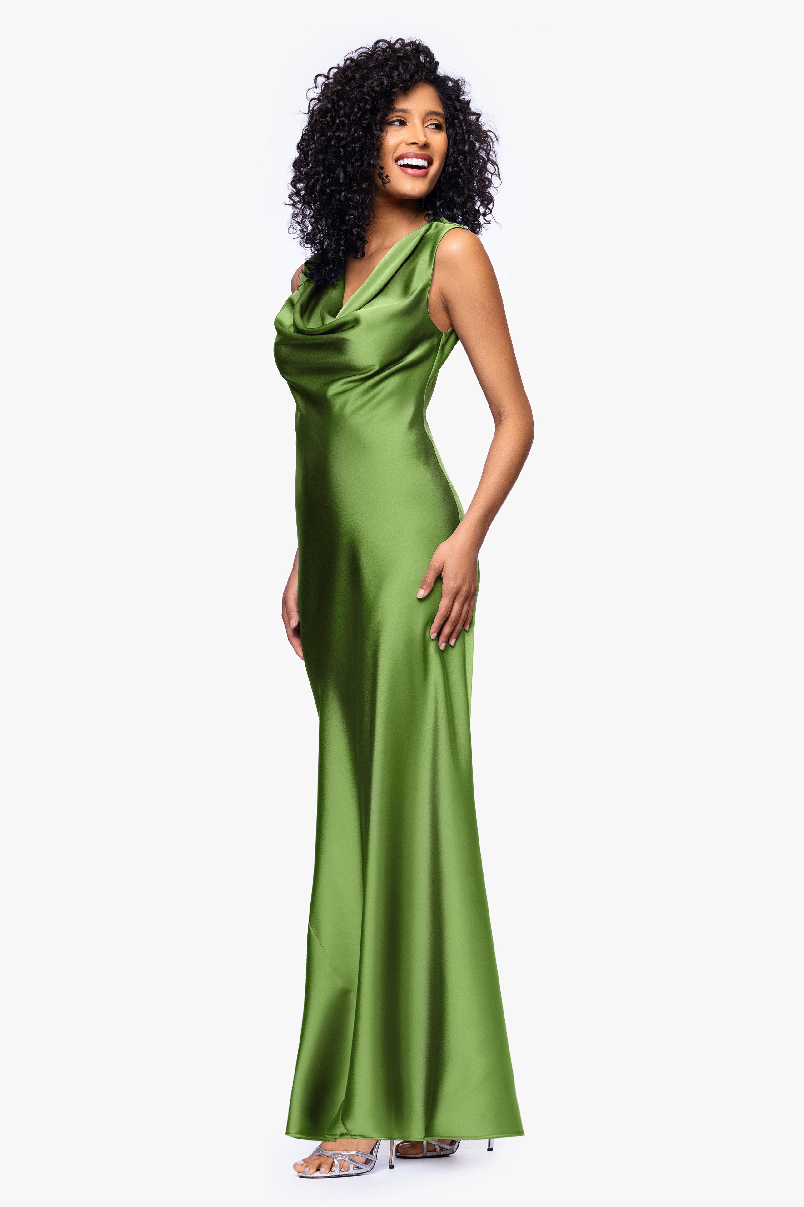"Amberly" Satin Drape Neck Dress