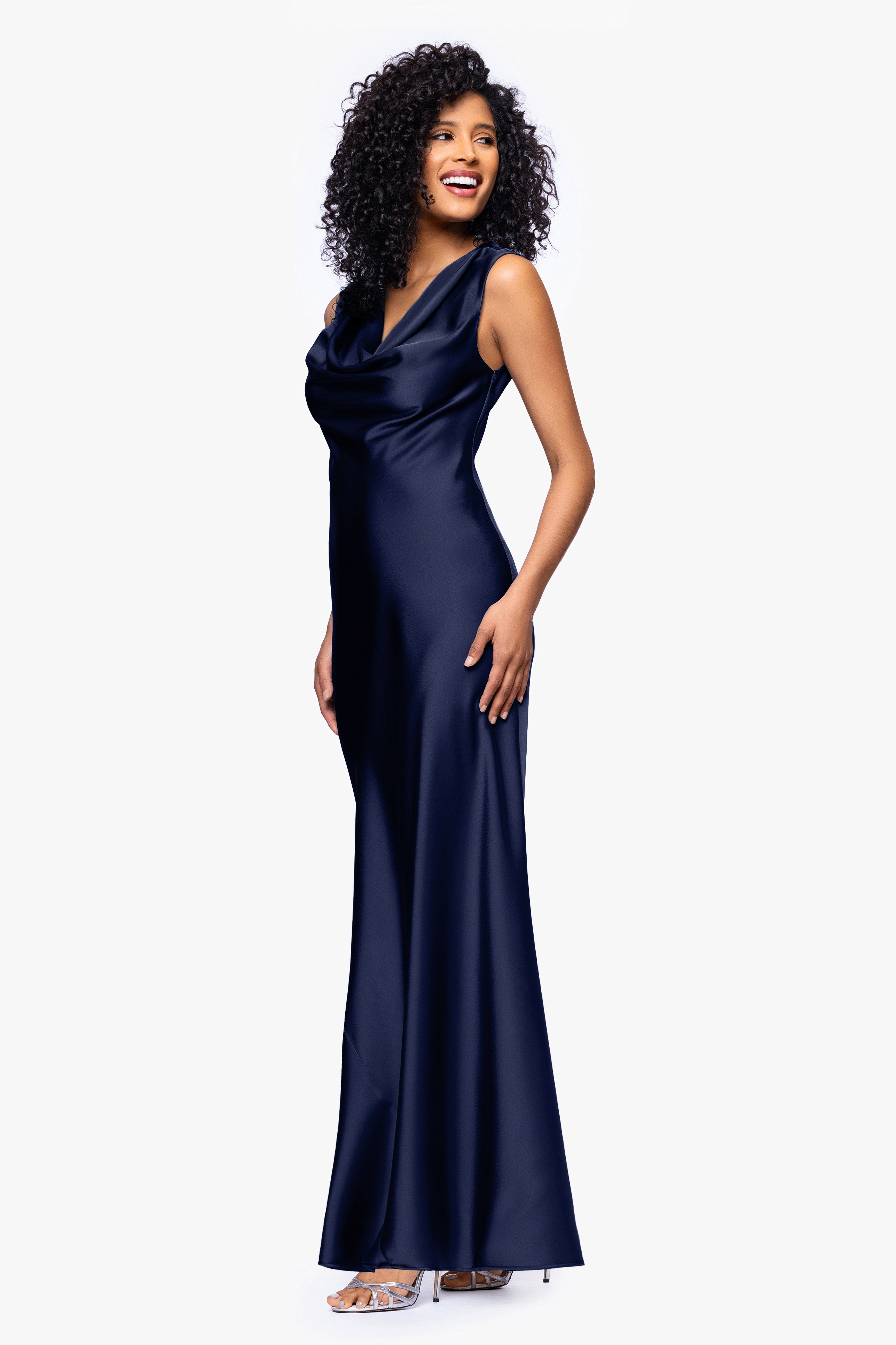 Petite "Amberly" Satin Drape Neck Dress