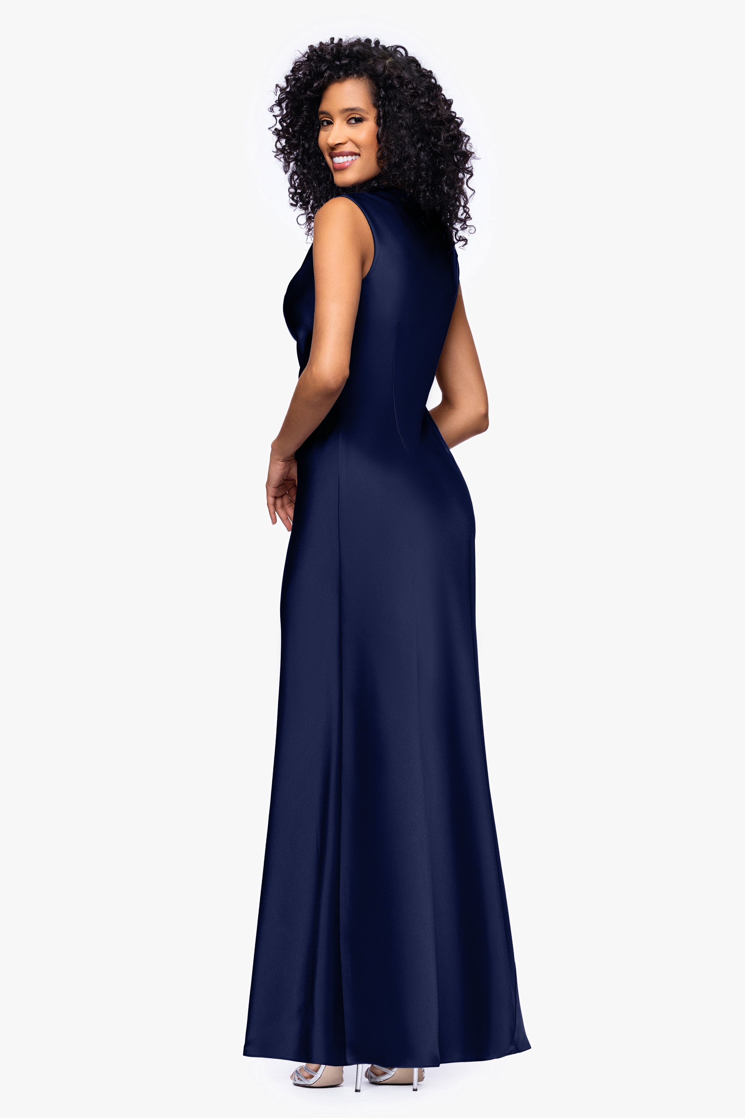 Petite "Amberly" Satin Drape Neck Dress