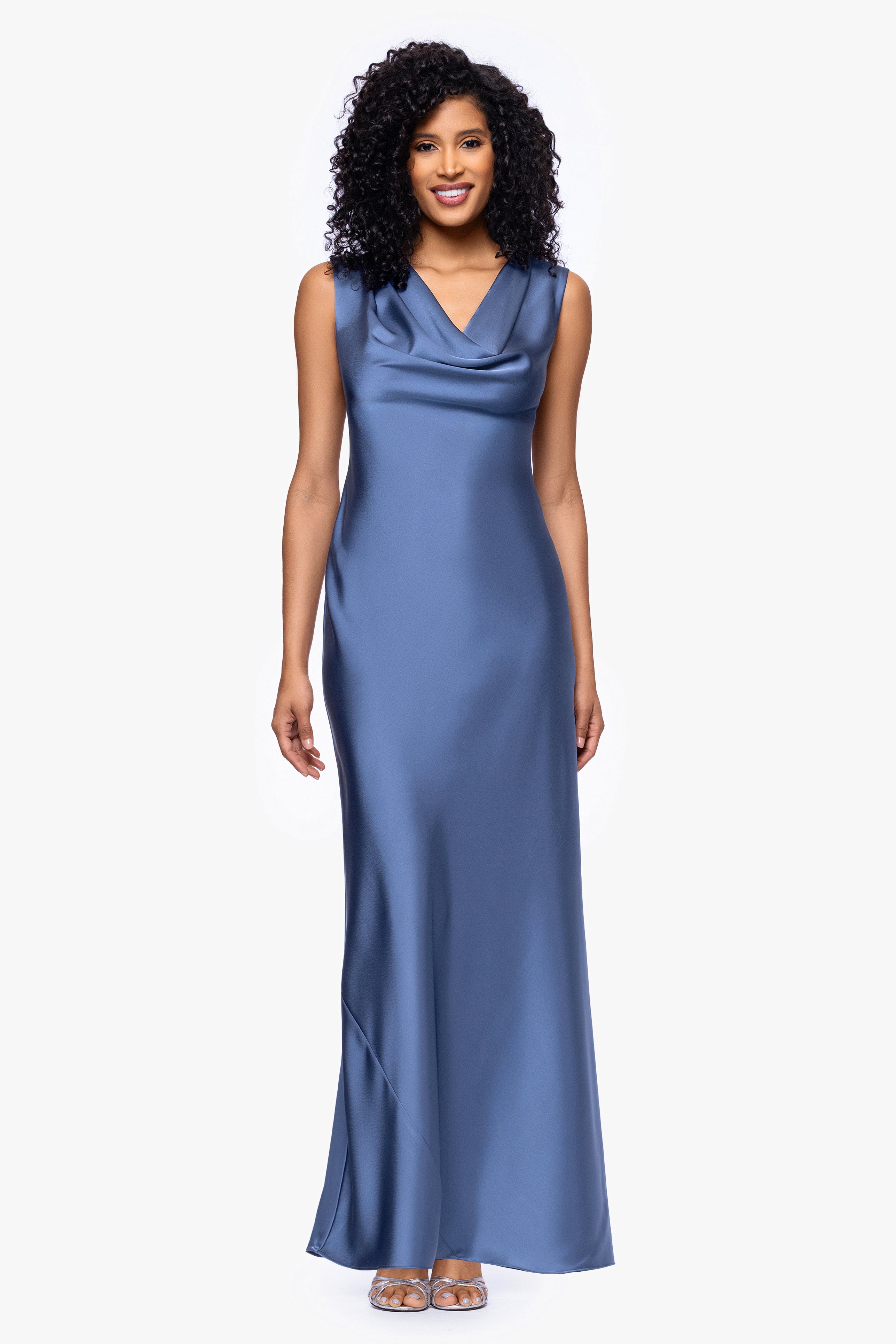 "Amberly" Satin Drape Neck Floor Length Dress