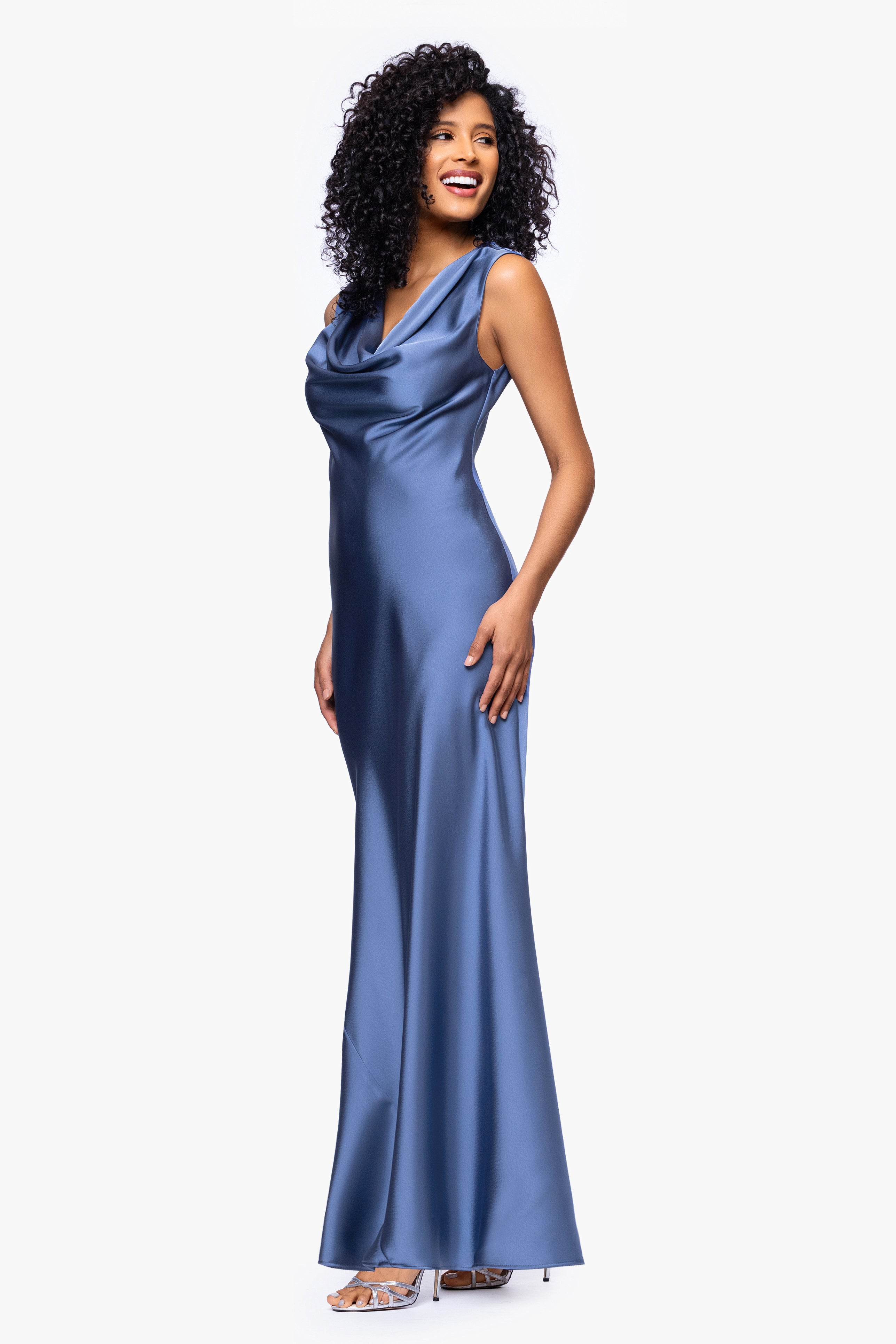"Amberly" Satin Drape Neck Floor Length Dress