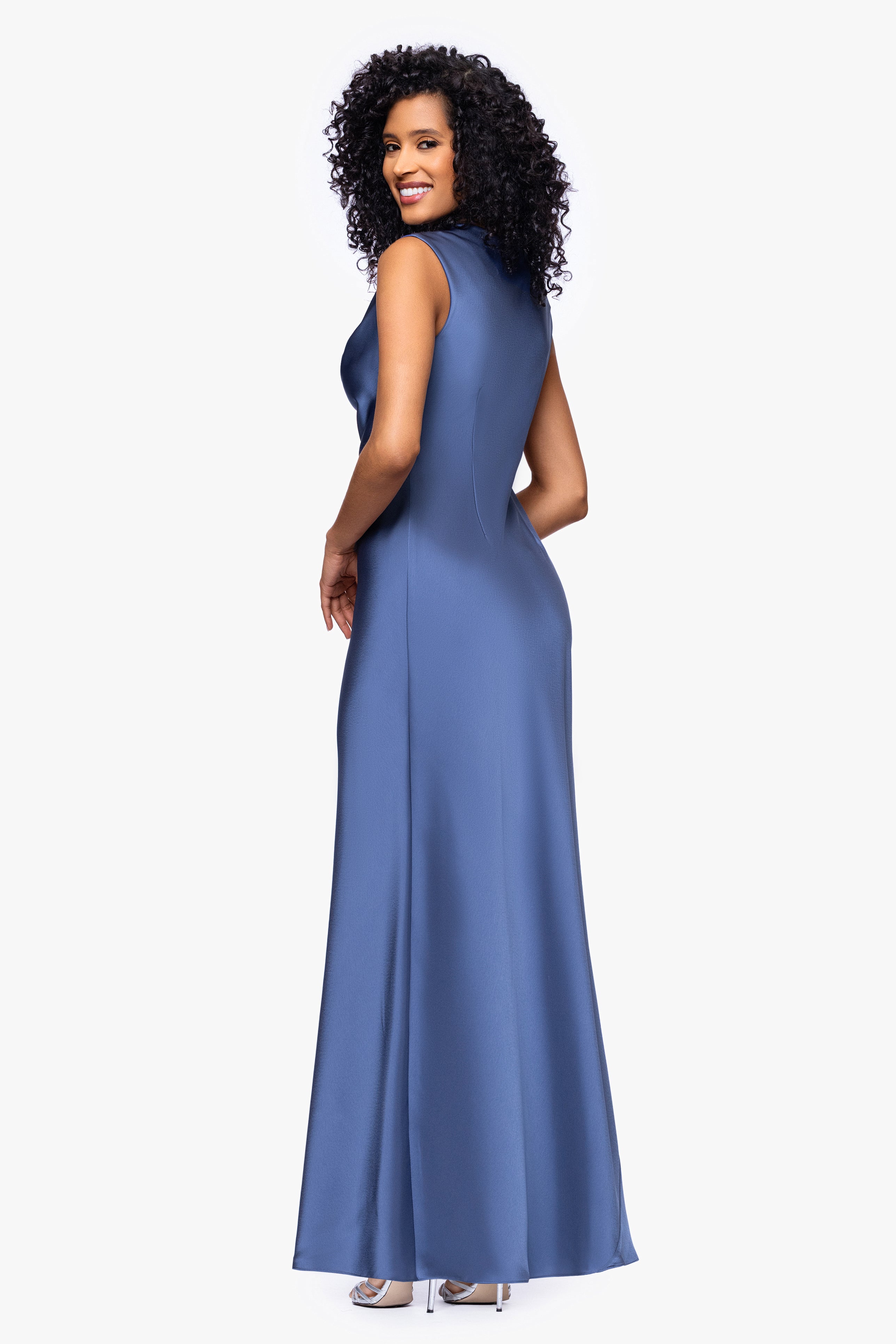 "Amberly" Satin Drape Neck Floor Length Dress