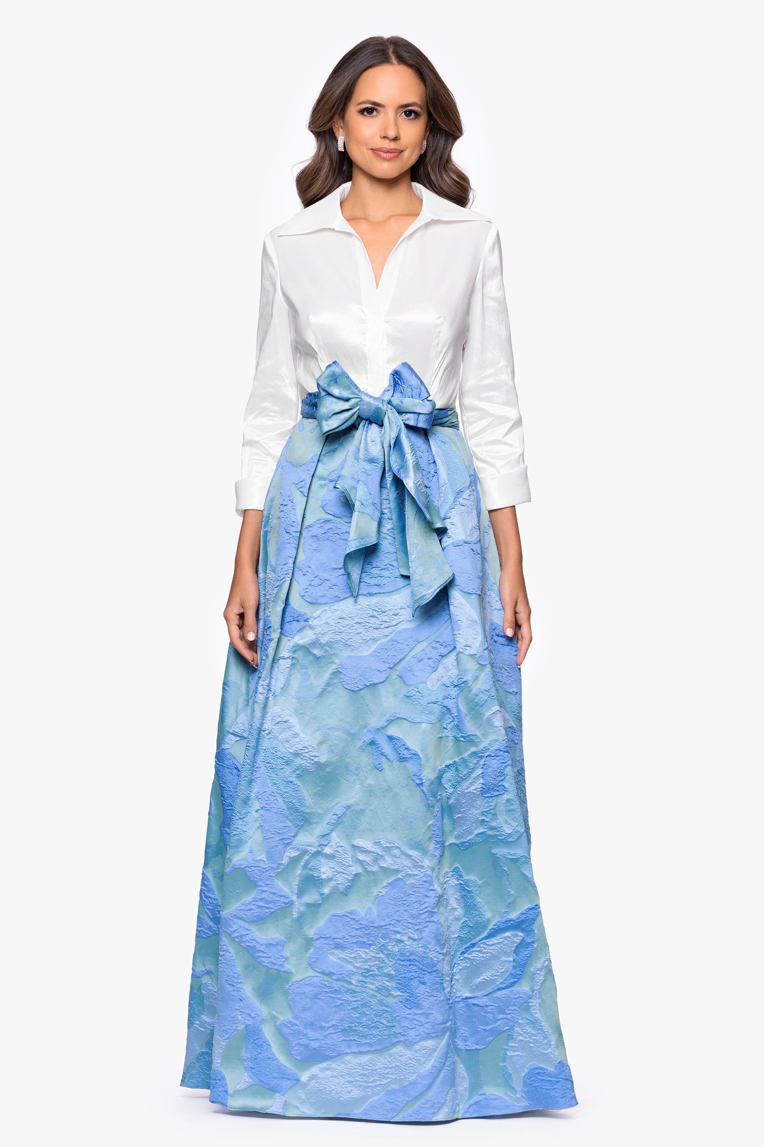 "Iyanna" Taffeta and Brocade Bow Floor Length Dress