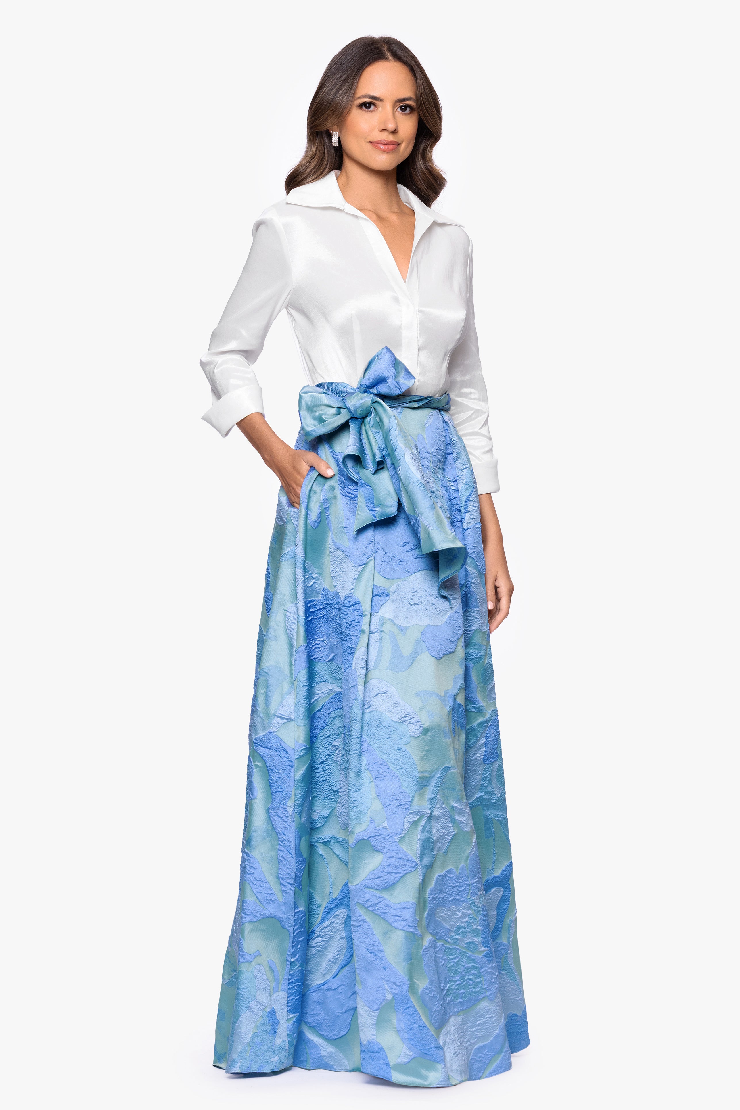 "Iyanna" Taffeta and Brocade Bow Floor Length Dress