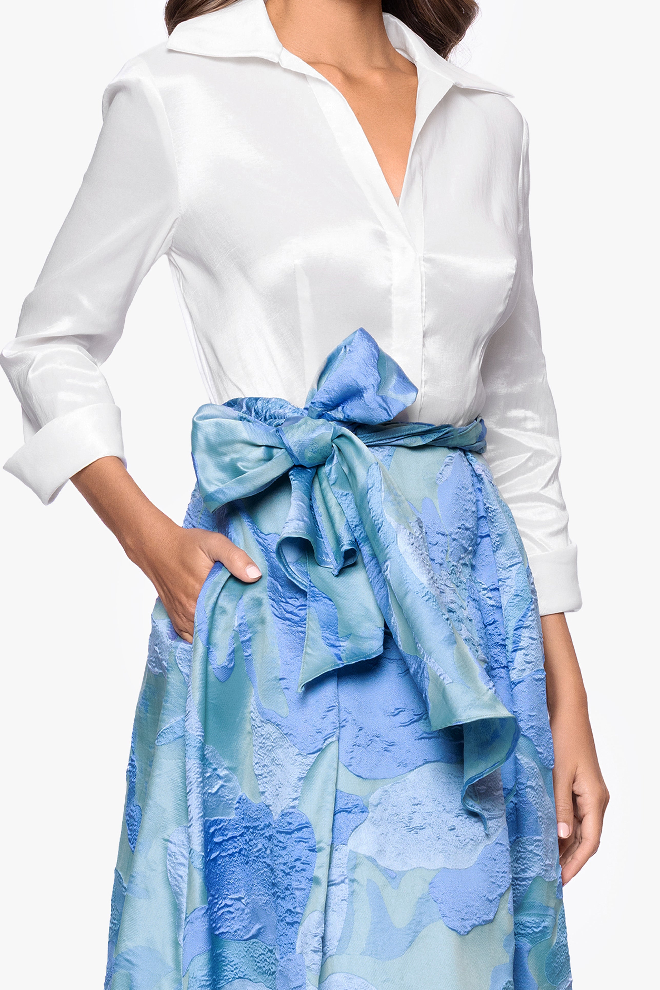 "Iyanna" Taffeta and Brocade Bow Floor Length Dress