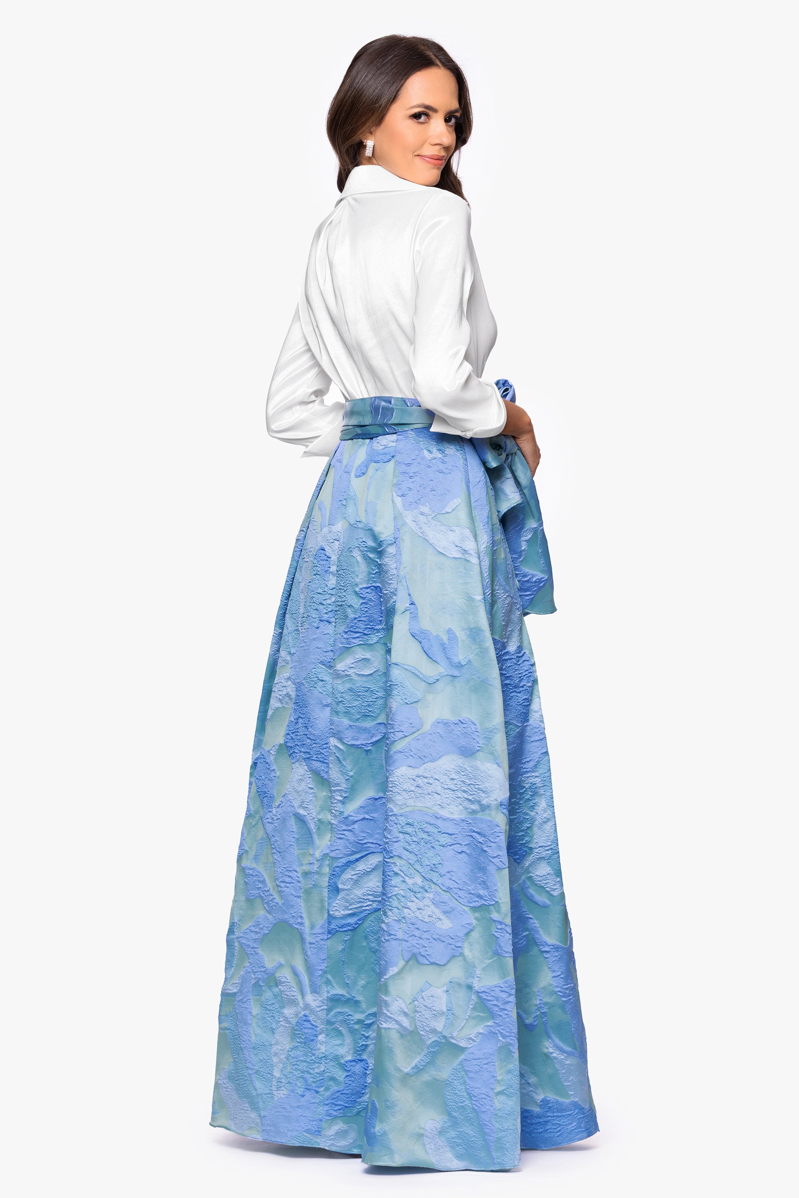 "Iyanna" Taffeta and Brocade Bow Floor Length Dress