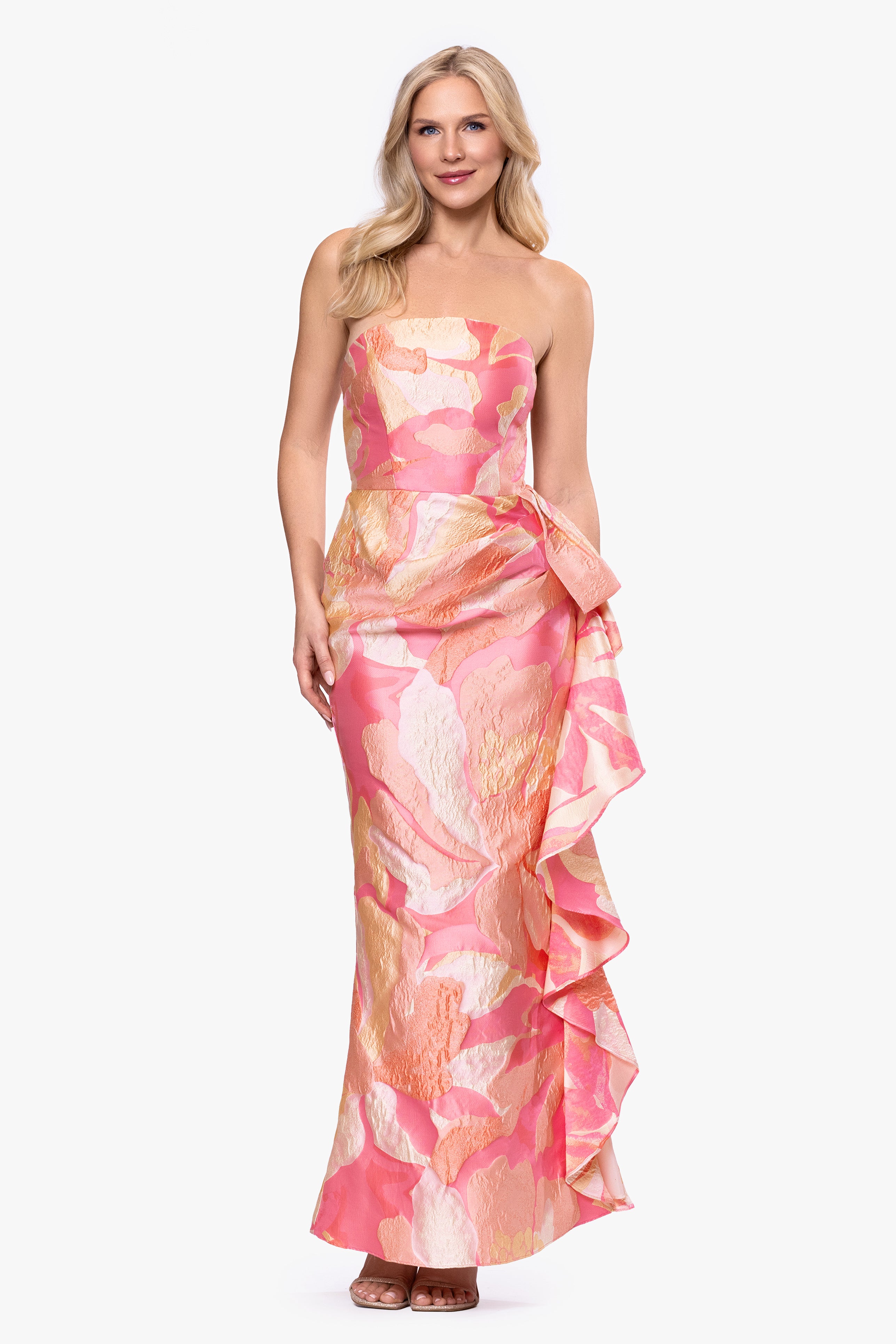 "Heidi" Brocade Floral Print Floor Length Dress