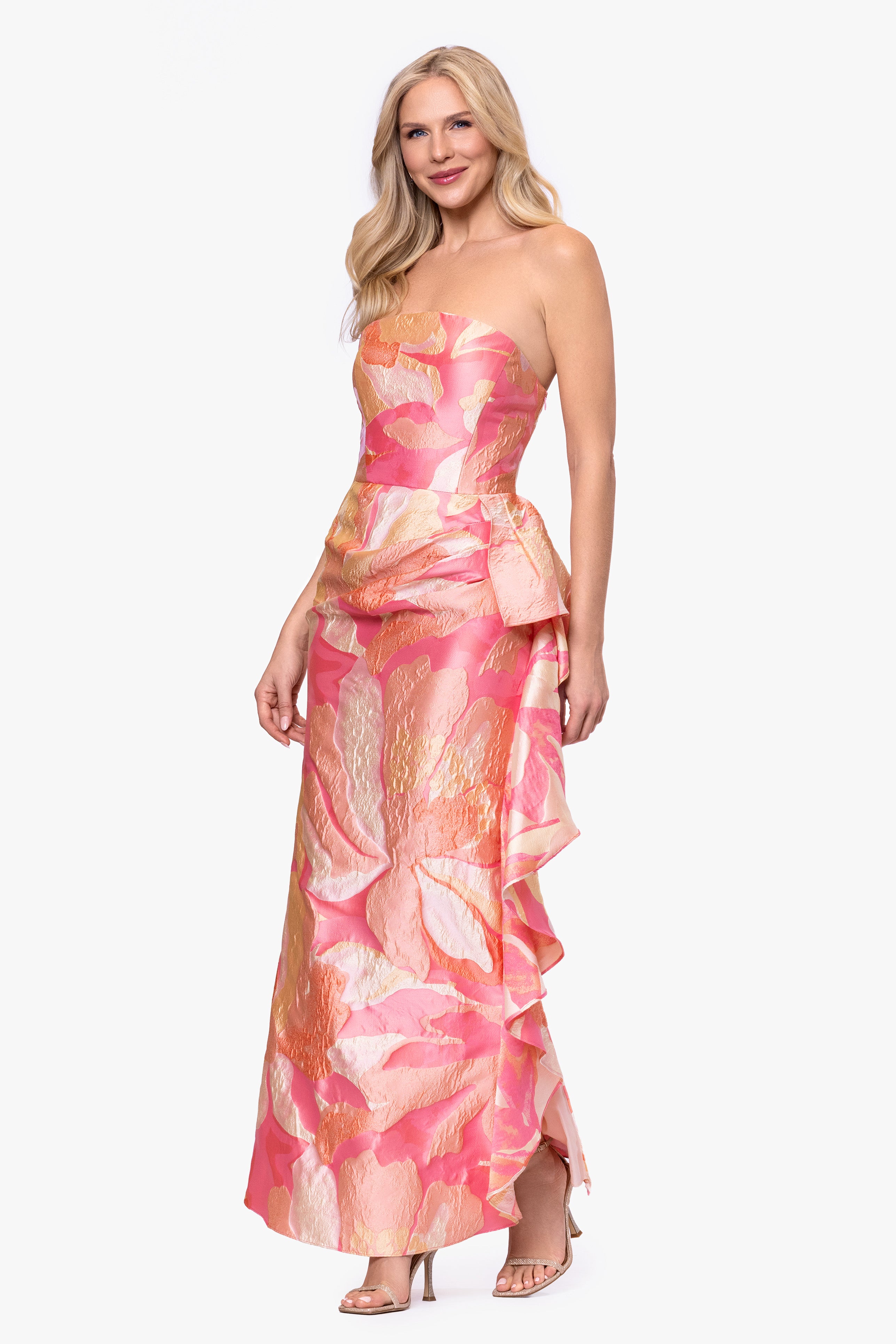 "Heidi" Brocade Floral Print Floor Length Dress