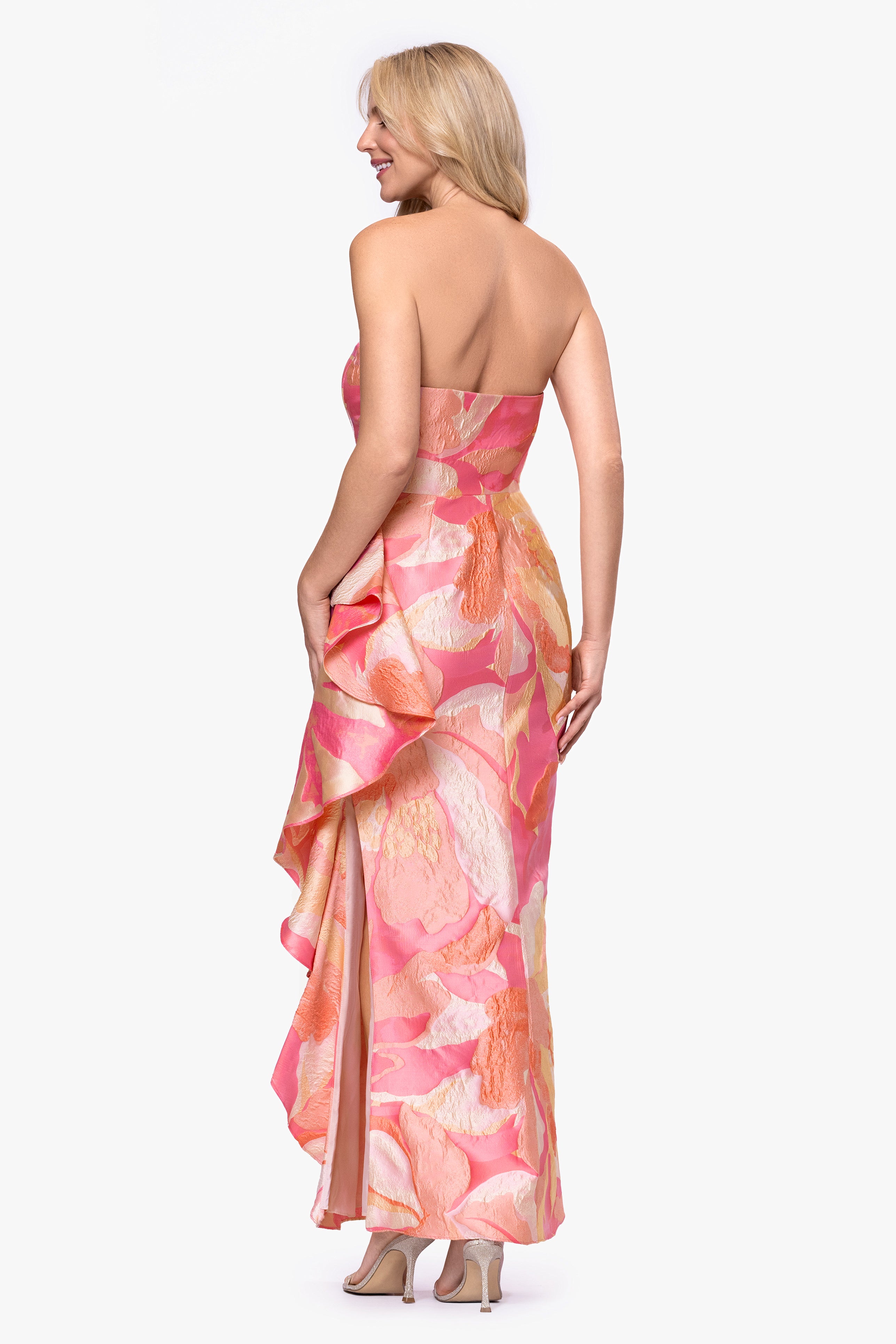 "Heidi" Brocade Floral Print Floor Length Dress