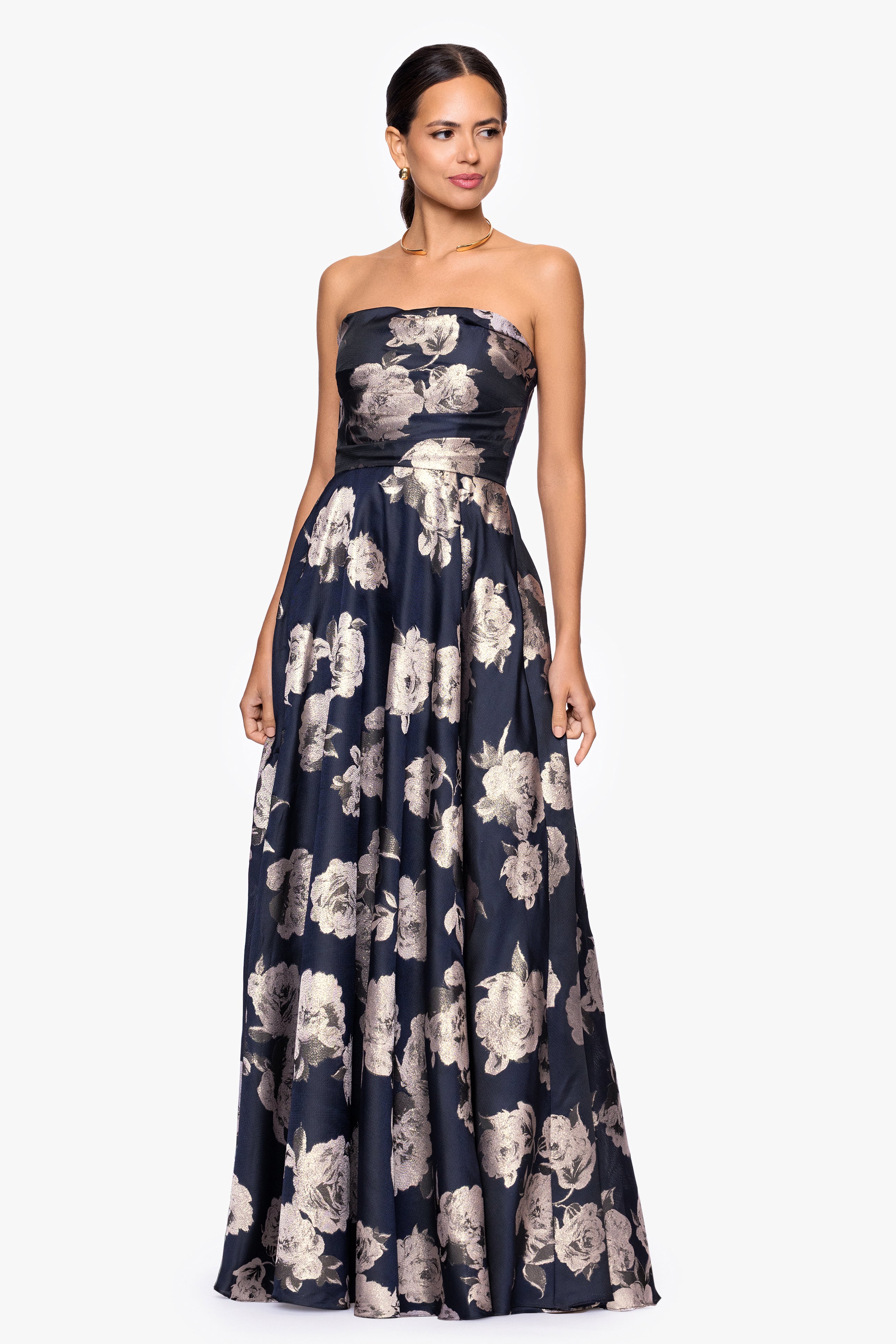 "Lottie" Metallic Jacquard Strapless Floor Length Dress
