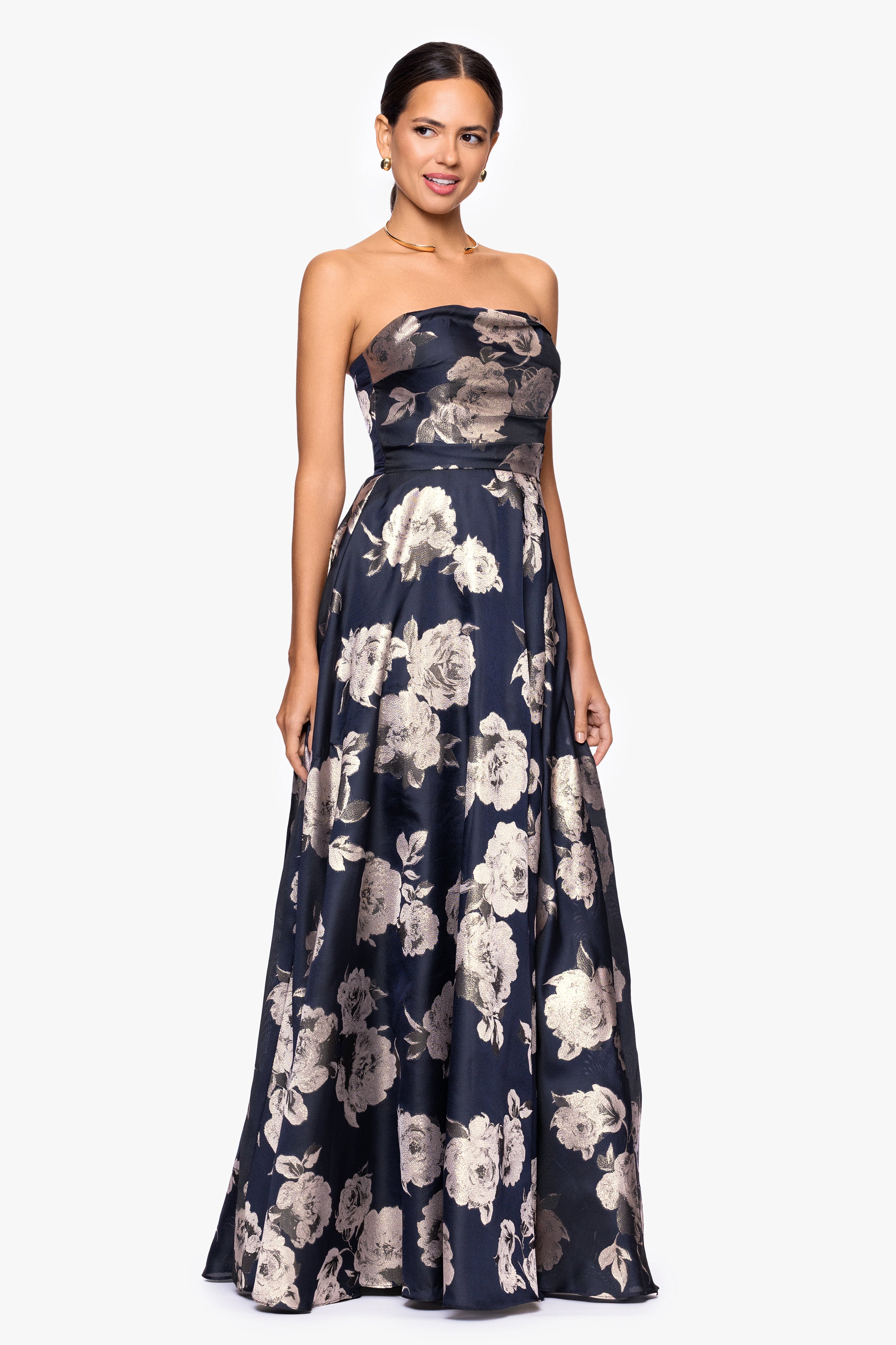 "Lottie" Metallic Jacquard Strapless Floor Length Dress