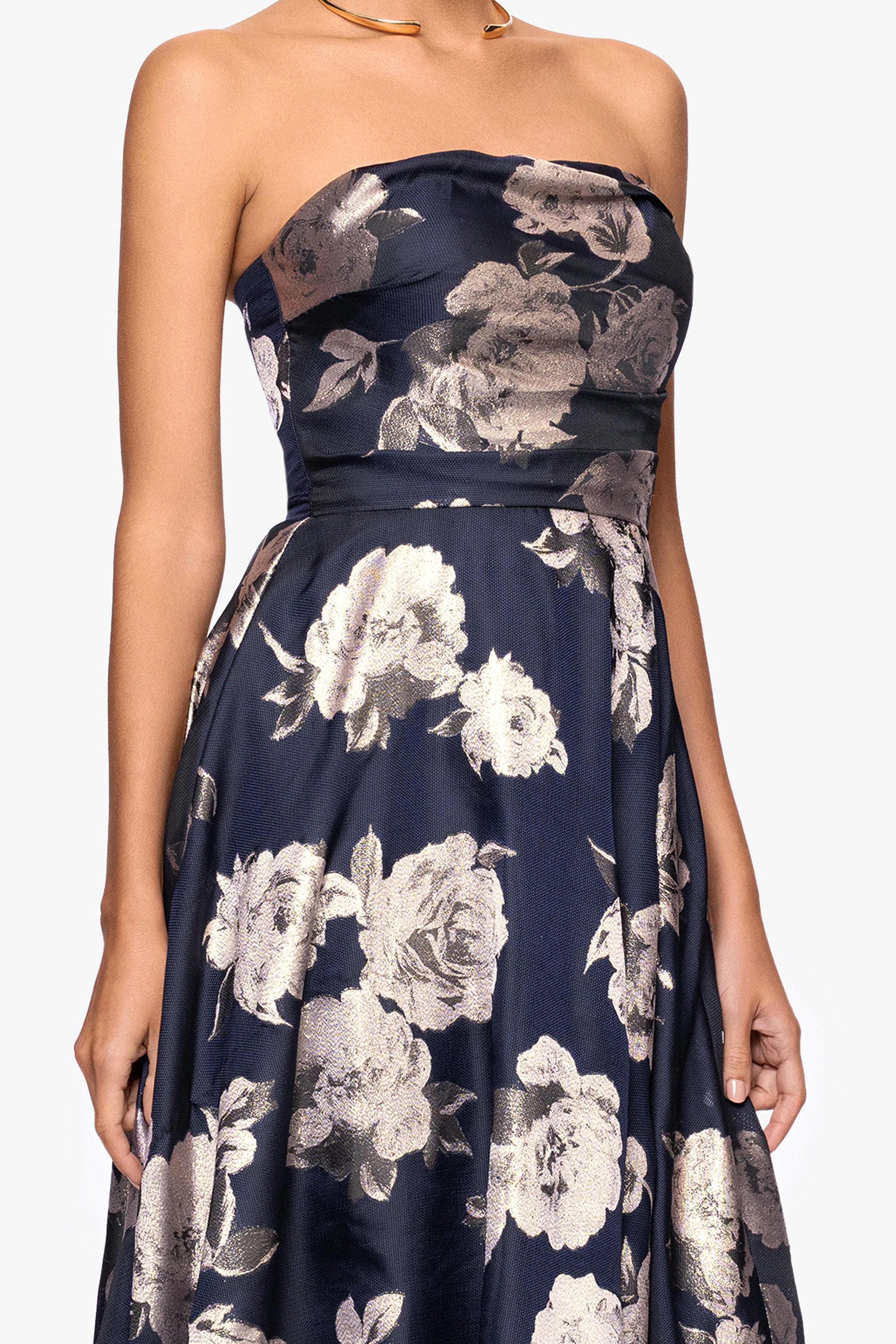 "Lottie" Metallic Jacquard Strapless Floor Length Dress