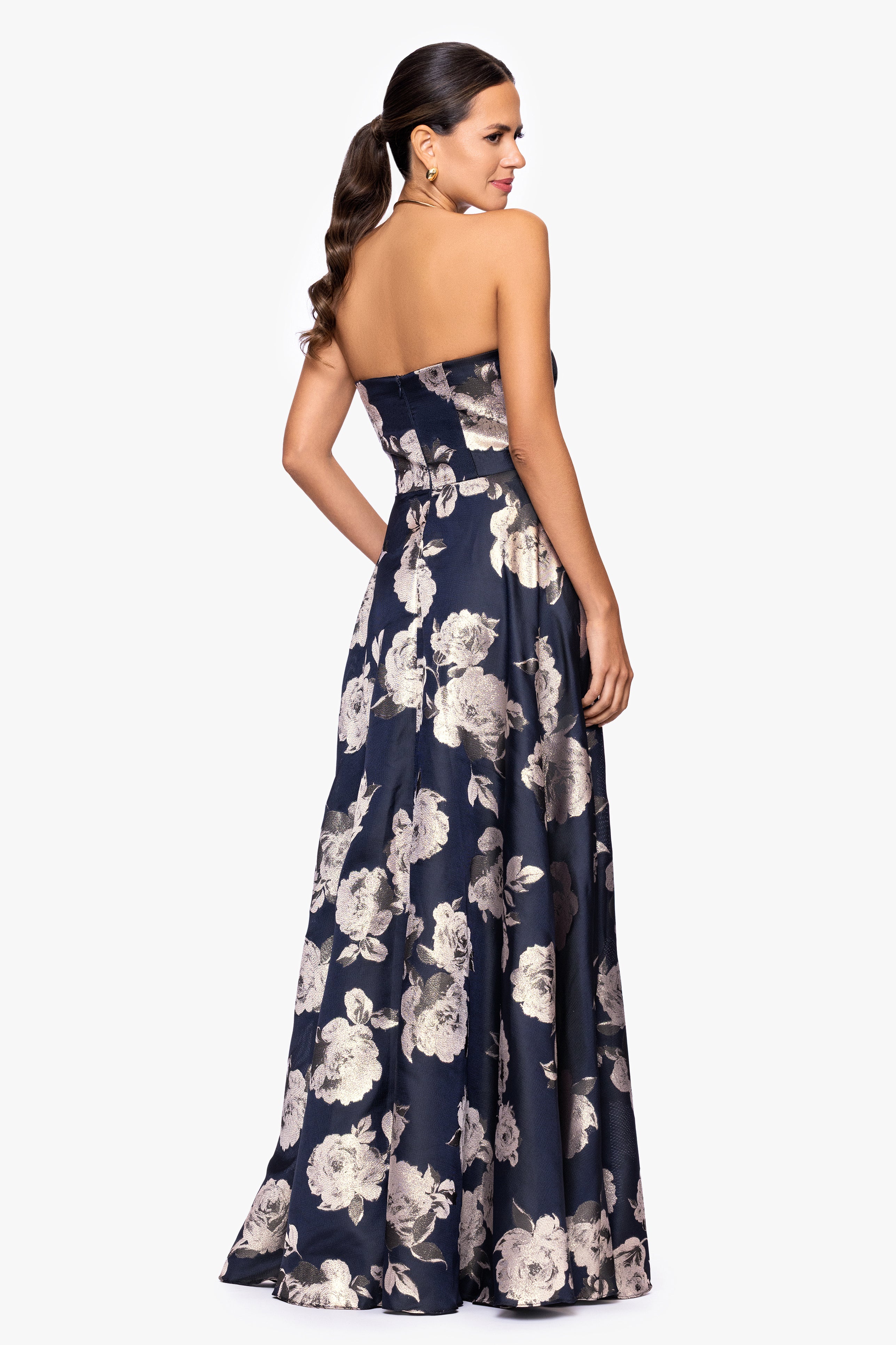 "Lottie" Metallic Jacquard Strapless Floor Length Dress