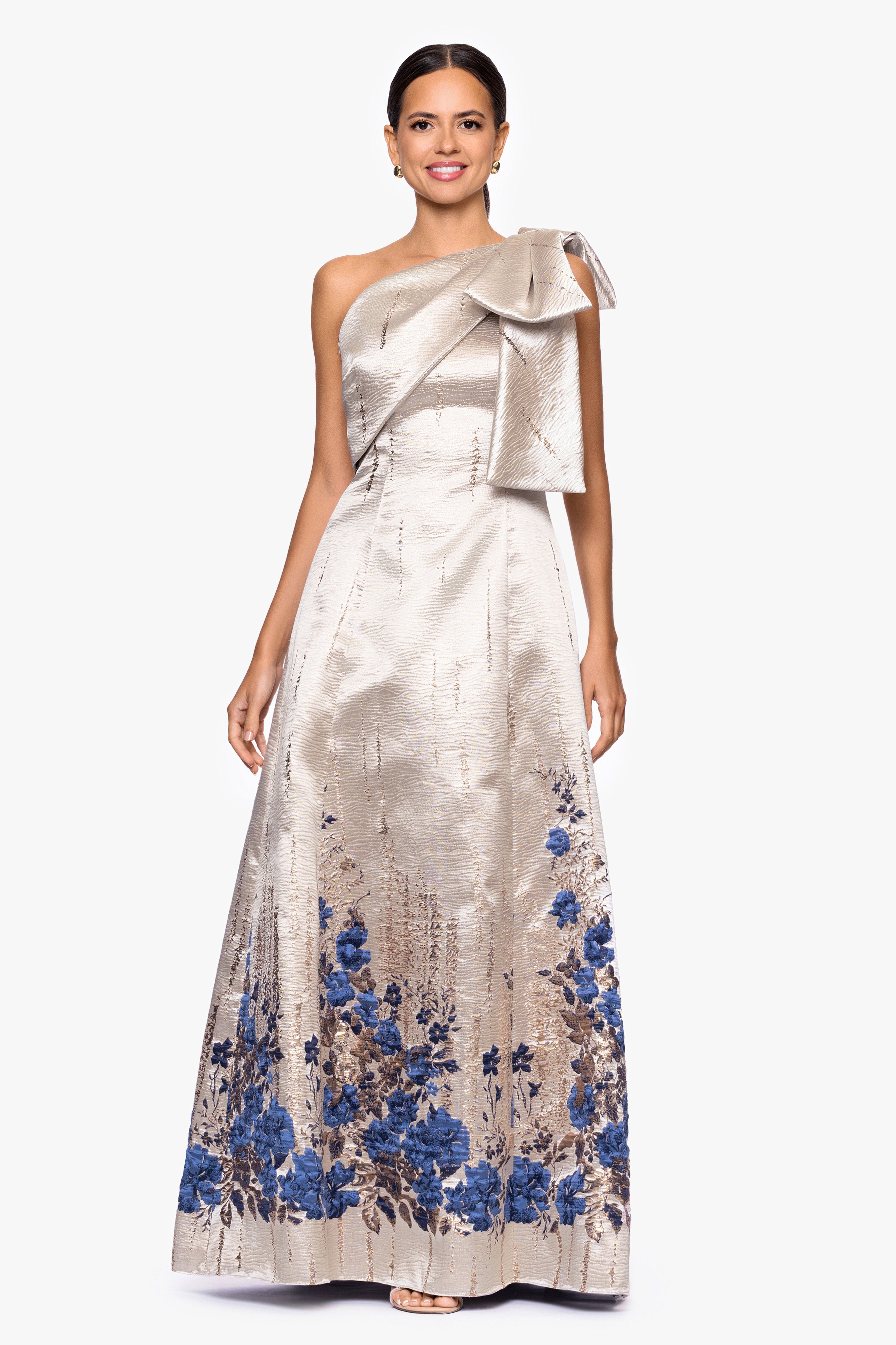 "Vivica" Print Brocade One Shoulder Floor Length Dress