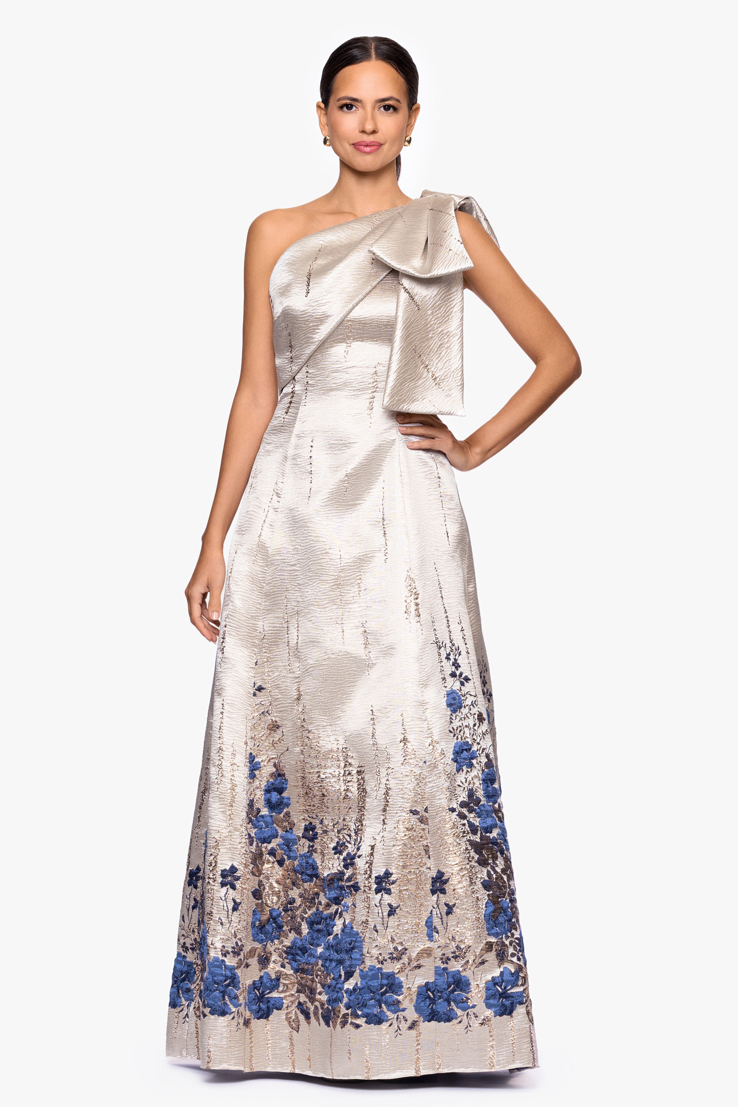 "Vivica" Print Brocade One Shoulder Floor Length Dress