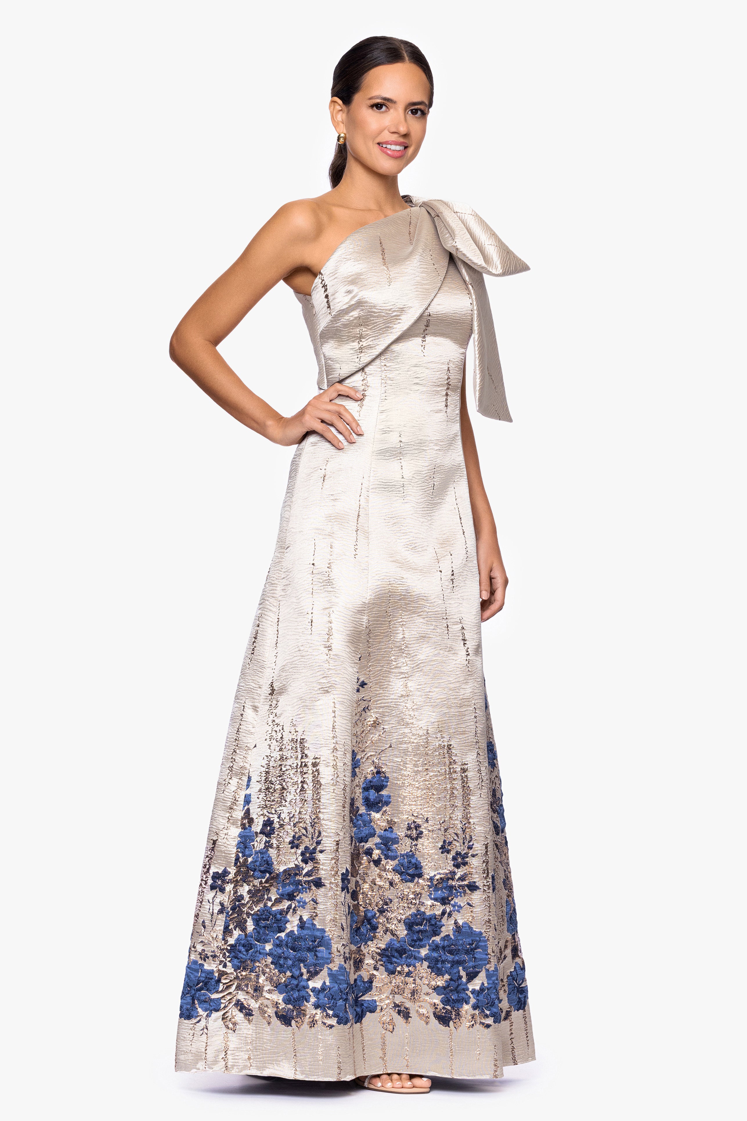 "Vivica" Print Brocade One Shoulder Floor Length Dress