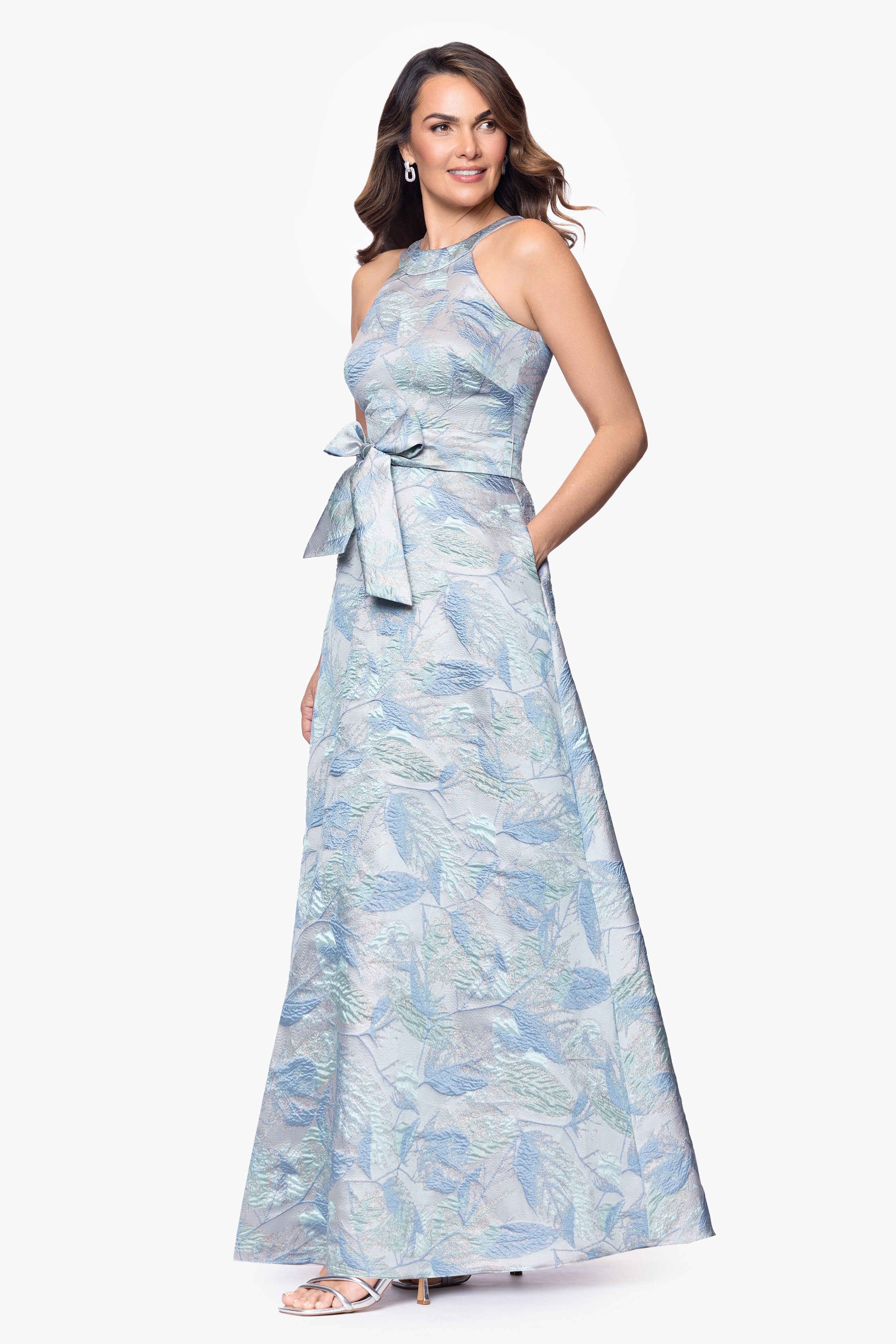 "Schena" Brocade Halter Neck Floor Length Dress
