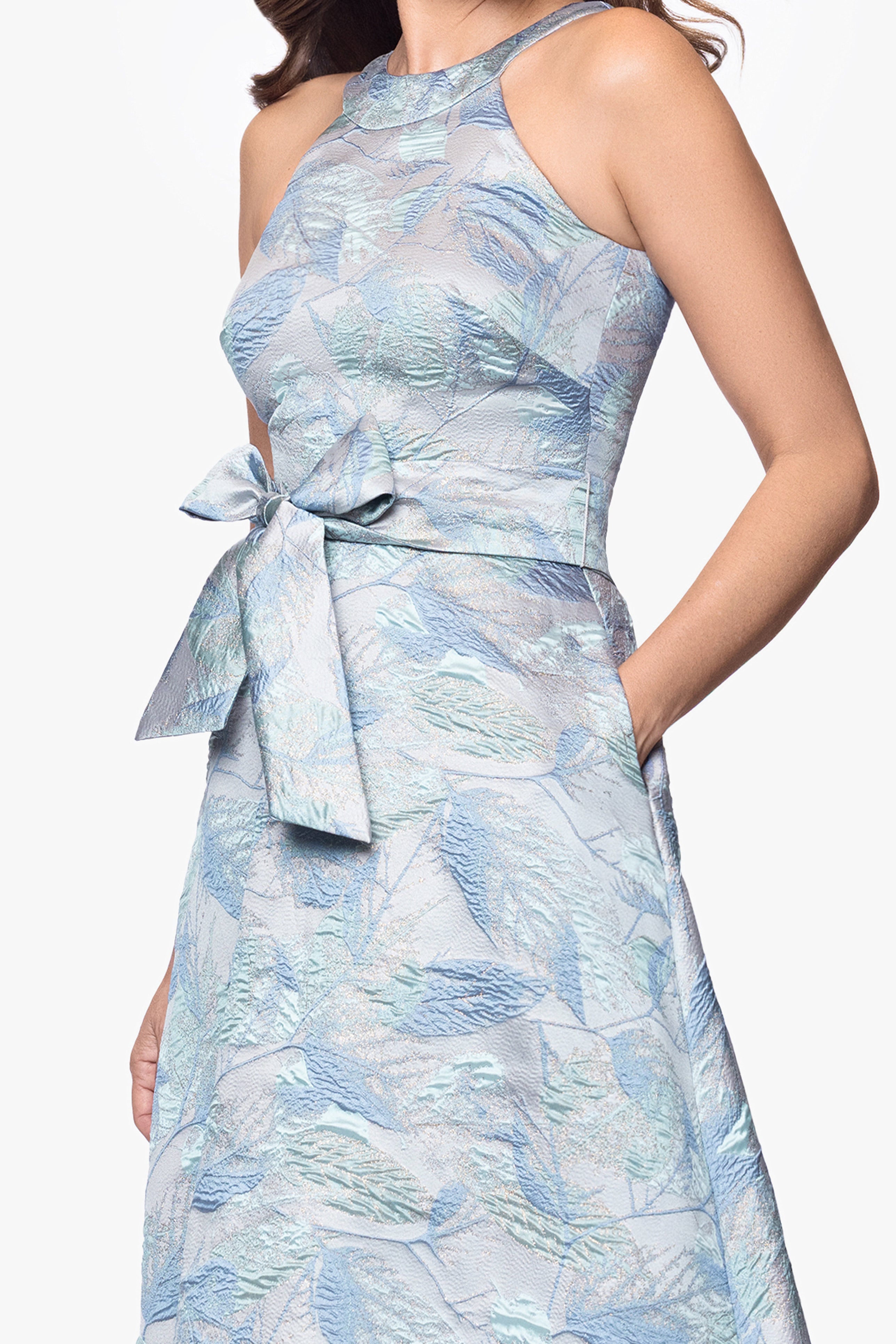 "Schena" Brocade Halter Neck Floor Length Dress