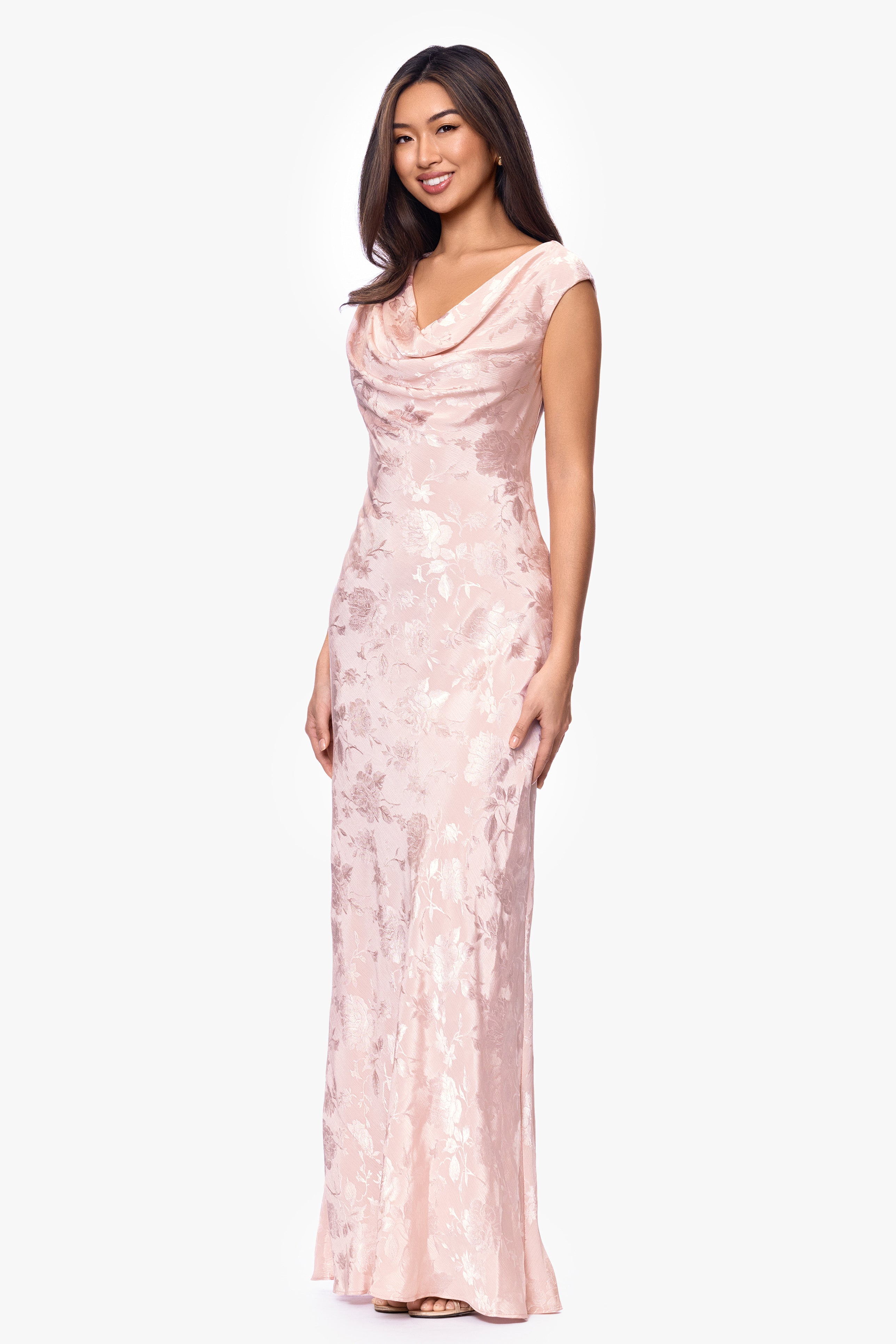 "Kayley" Satin Floral Cowl Neck Floor Length Dress