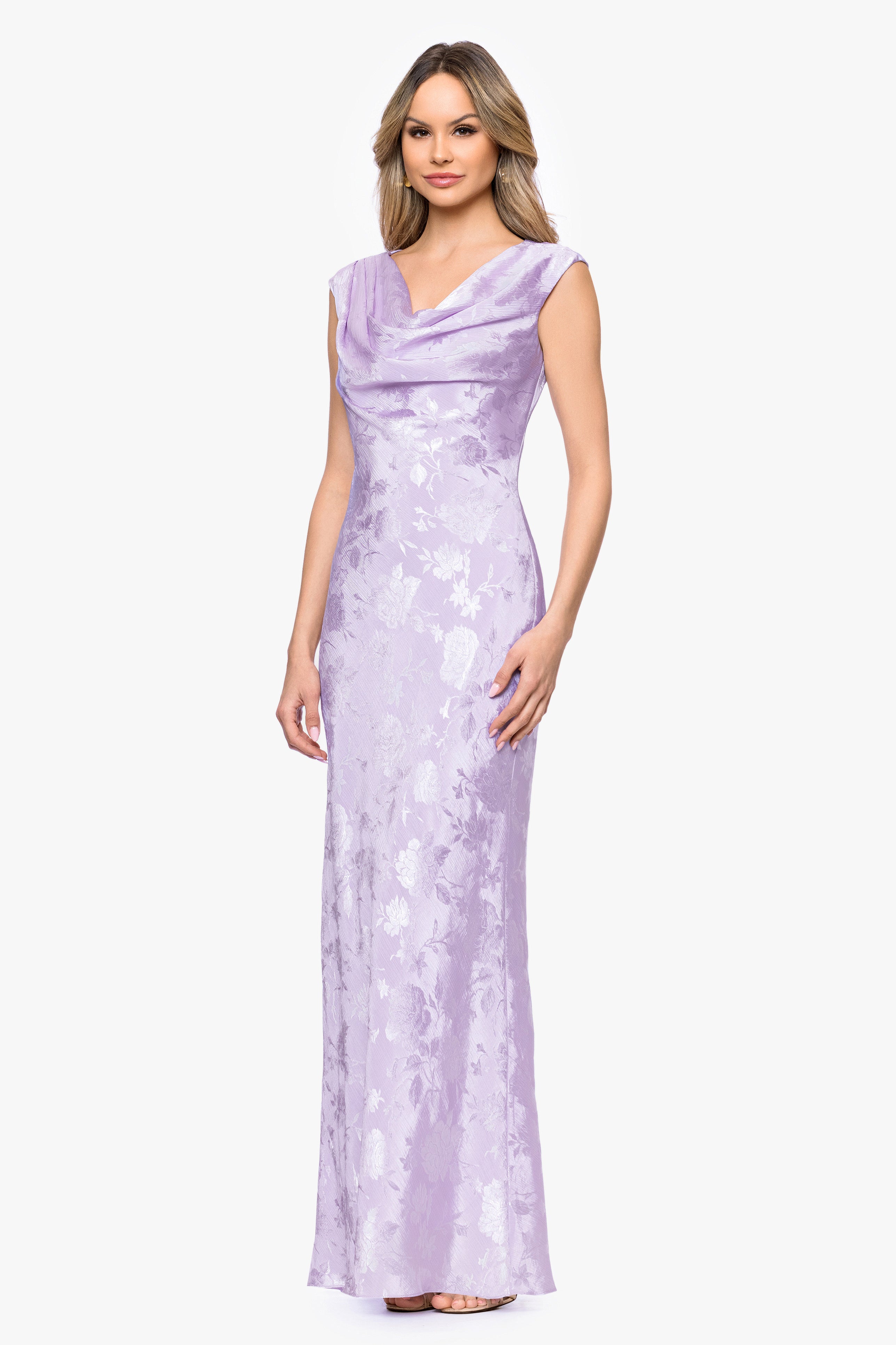 "Kayley" Jacquard Cowl Neck Floor Length Dress
