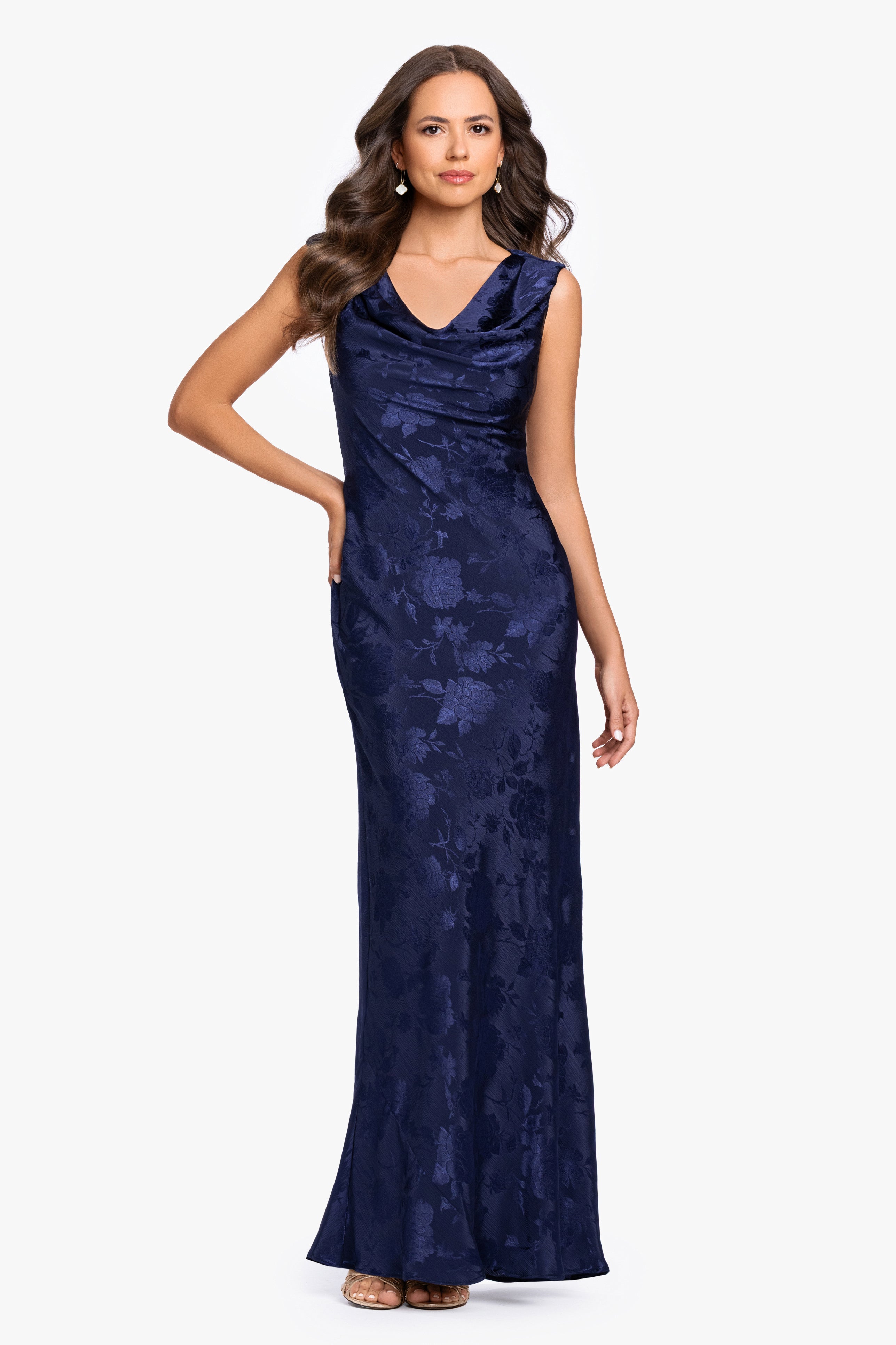 "Kayley" Jacquard Cowl Neck Floor Length Dress