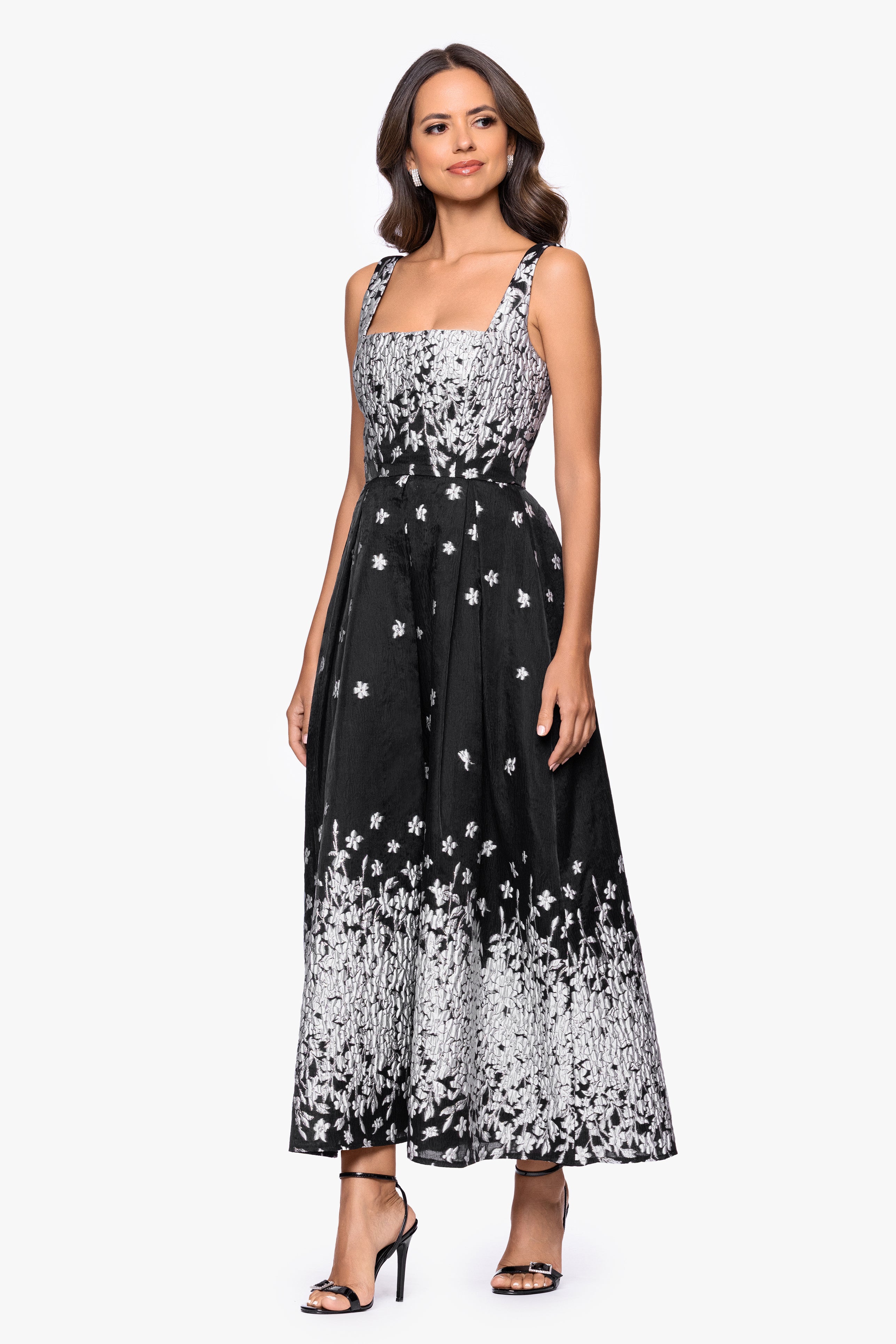 "Naomi" Brocade Square Neck Midi Dress