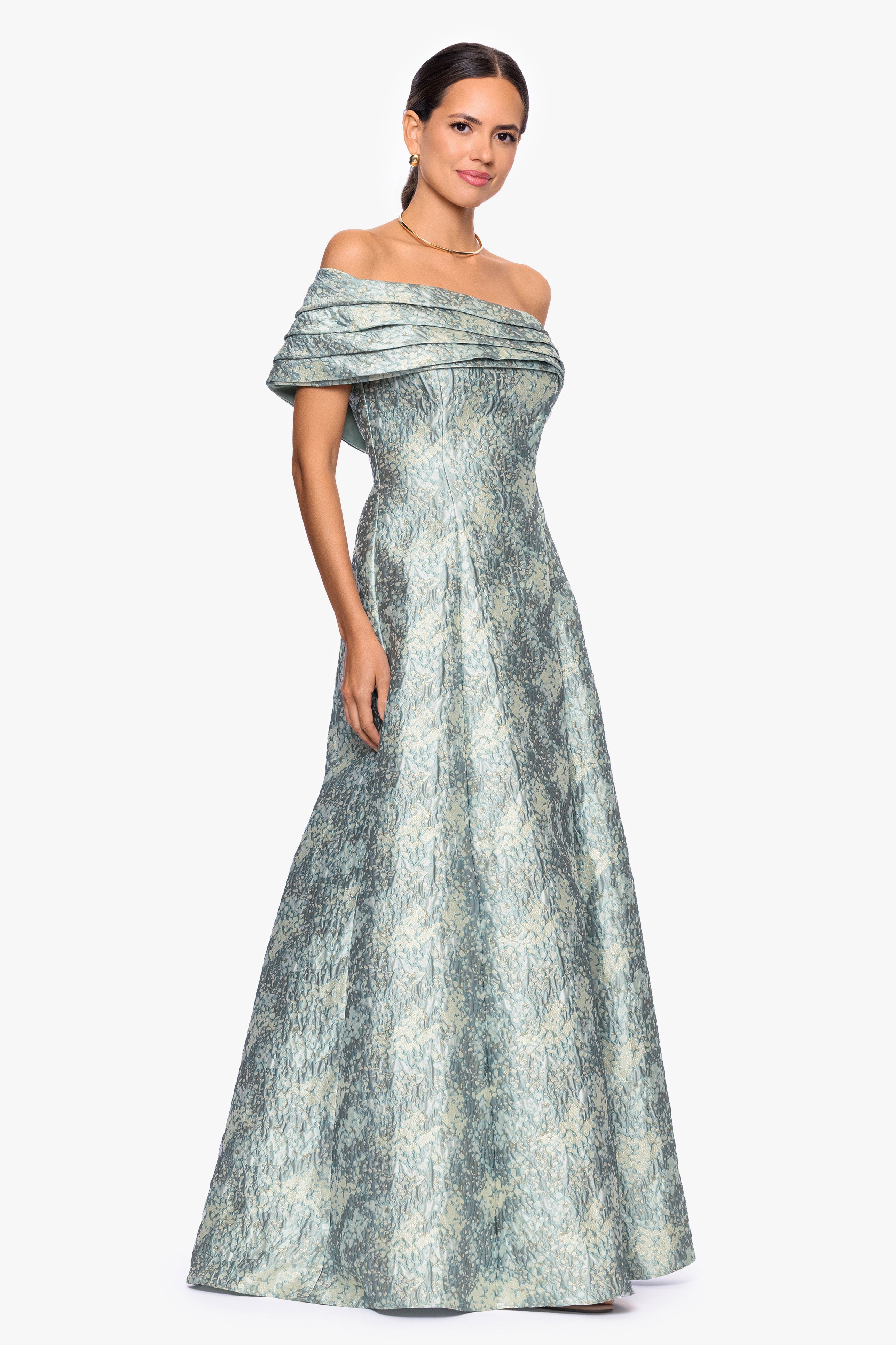 "Judith" Petite Brocade One Shoulder A-Line Dress