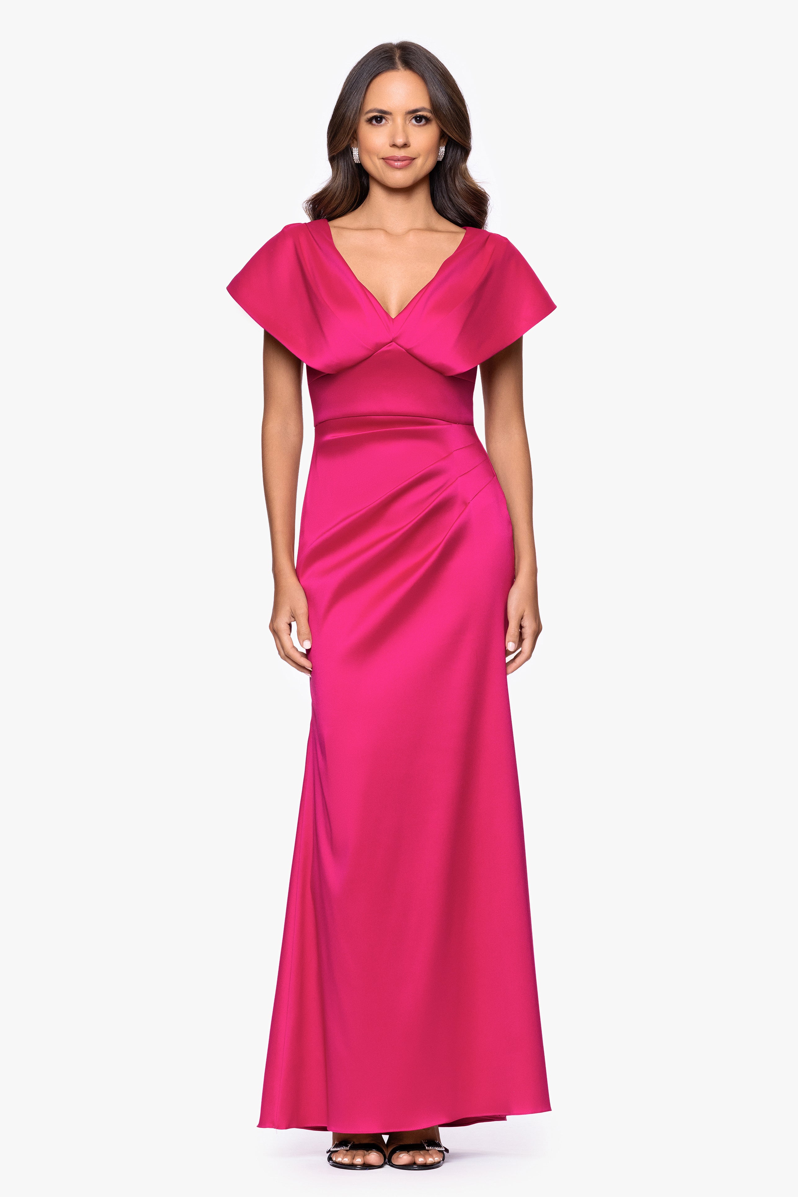 Petite "Rosa" Mikado V-Neck Floor Length Dress