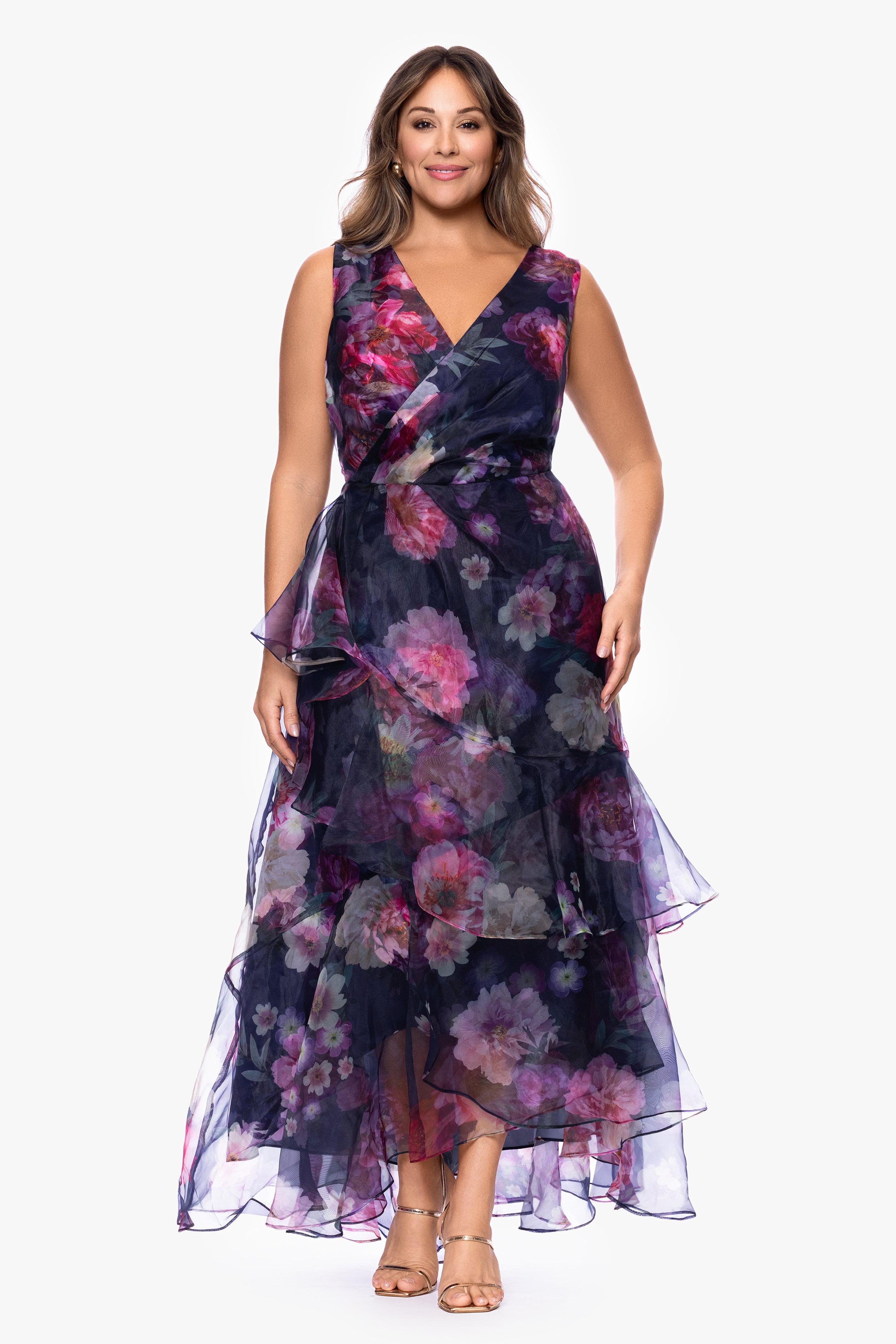 Plus "Florence" Printed Organza V-Neck Floor Length Dress