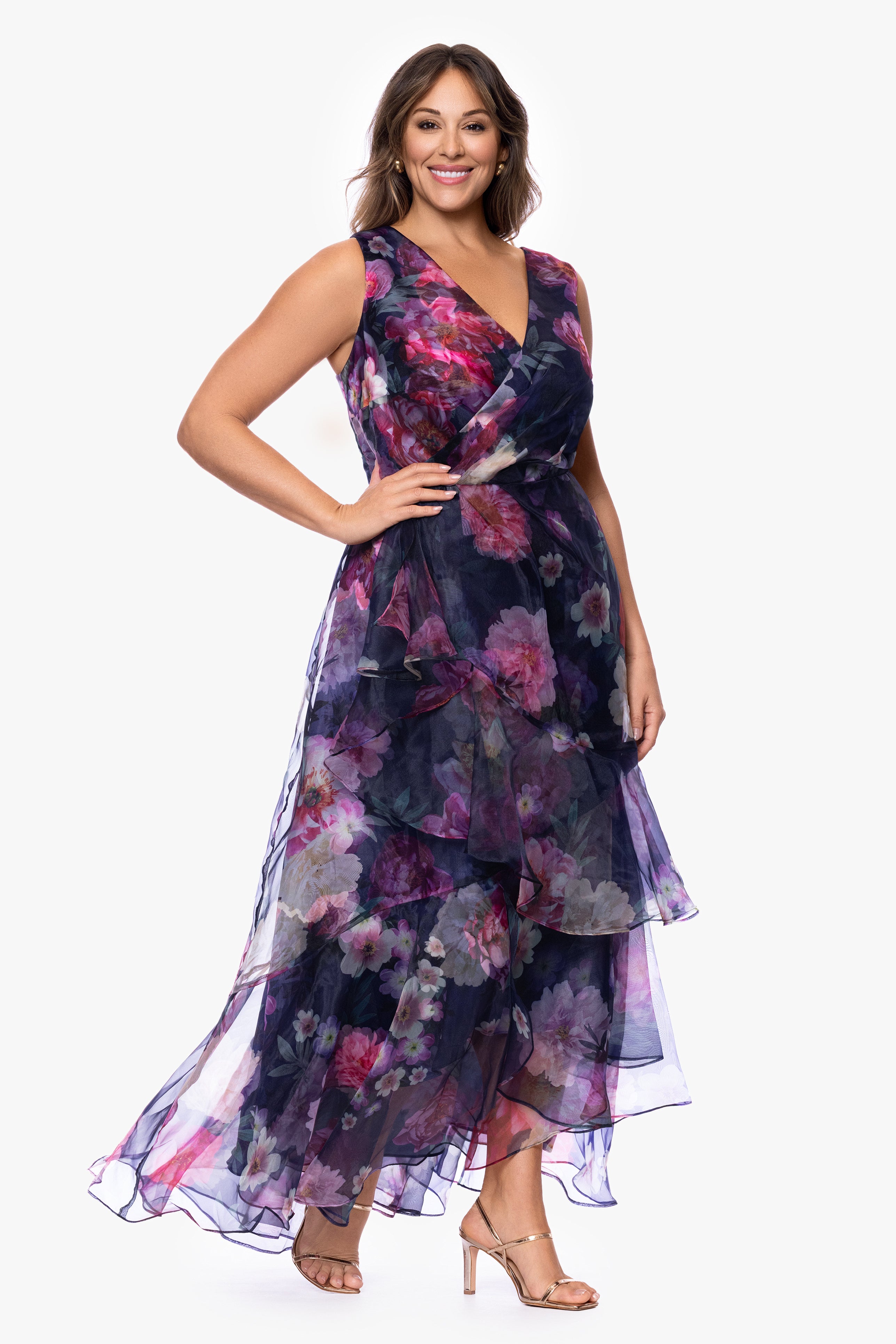 Plus "Florence" Printed Organza V-Neck Floor Length Dress