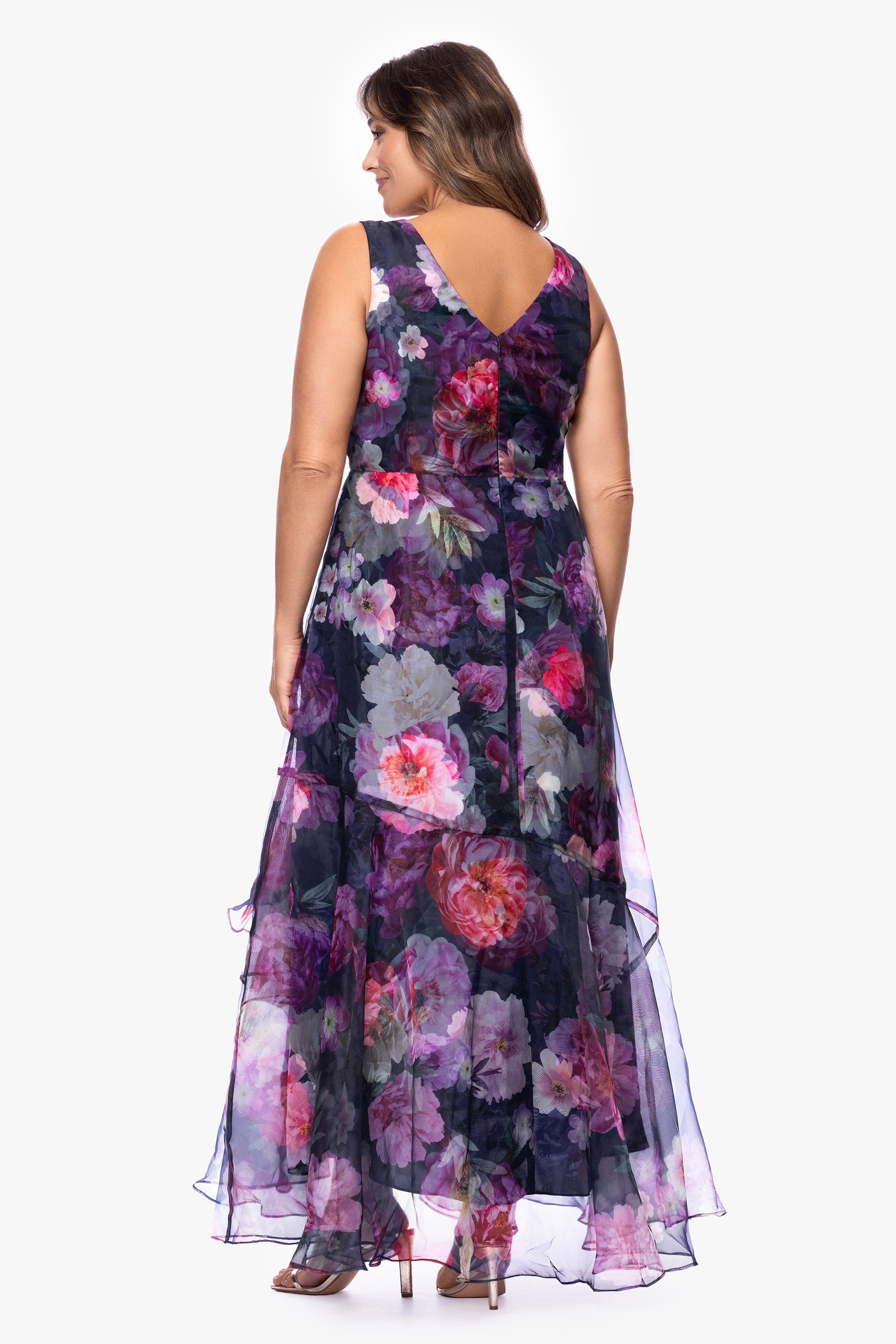 Plus "Florence" Printed Organza V-Neck Floor Length Dress