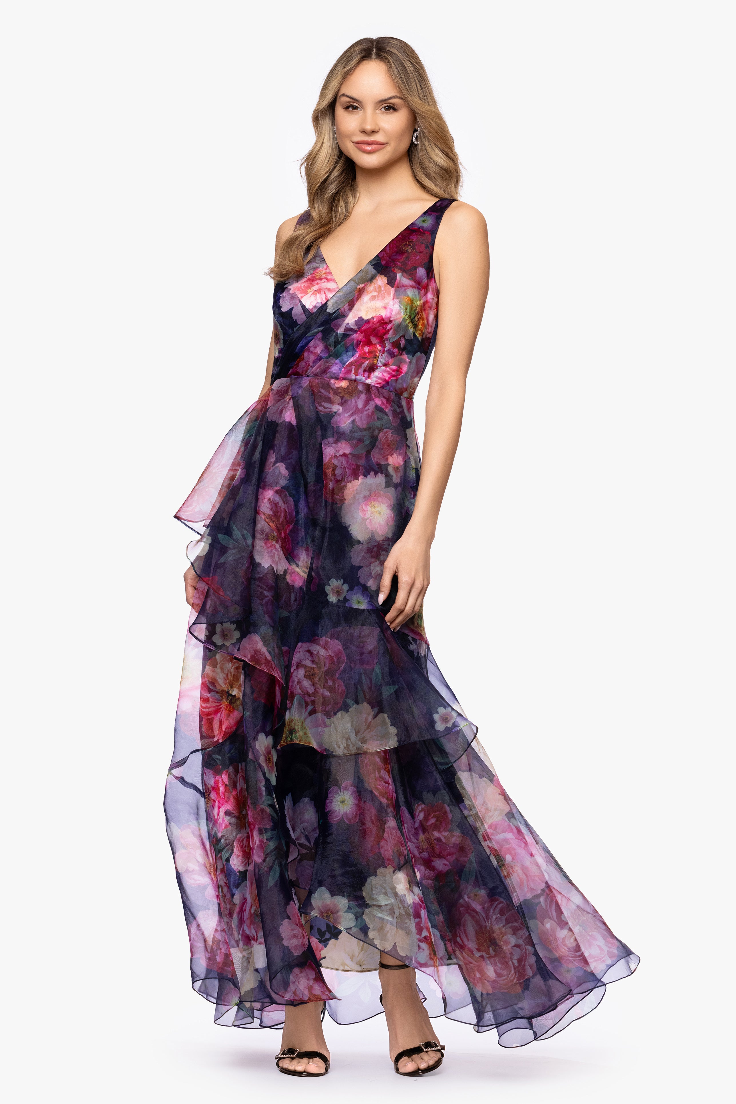 "Catalina" Printed Organza V-Neck Floor Length Dress